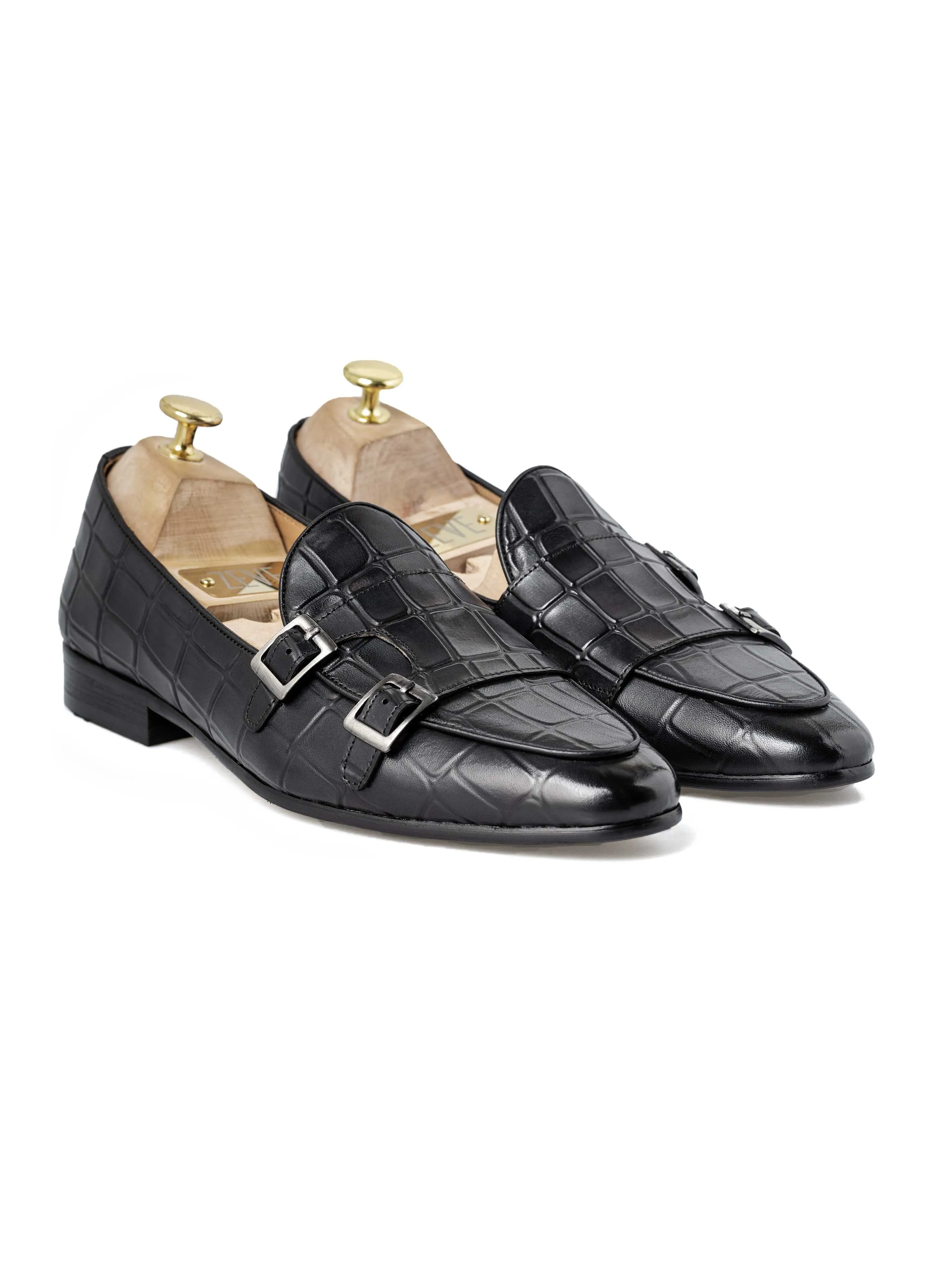Comfort Supportiveness Making A Contribution Belgian Loafer - Black Grey Croco Double Monk Strap (Hand Painted Patina)