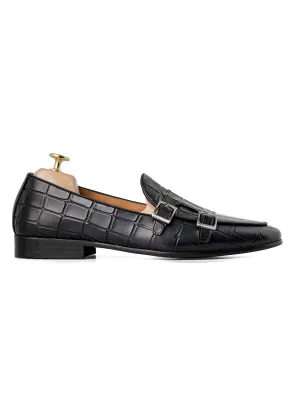 Belgian Loafer - Black Grey Croco Double Monk Strap (Hand Painted Patina) Weekday Wear Stretchable Sling
