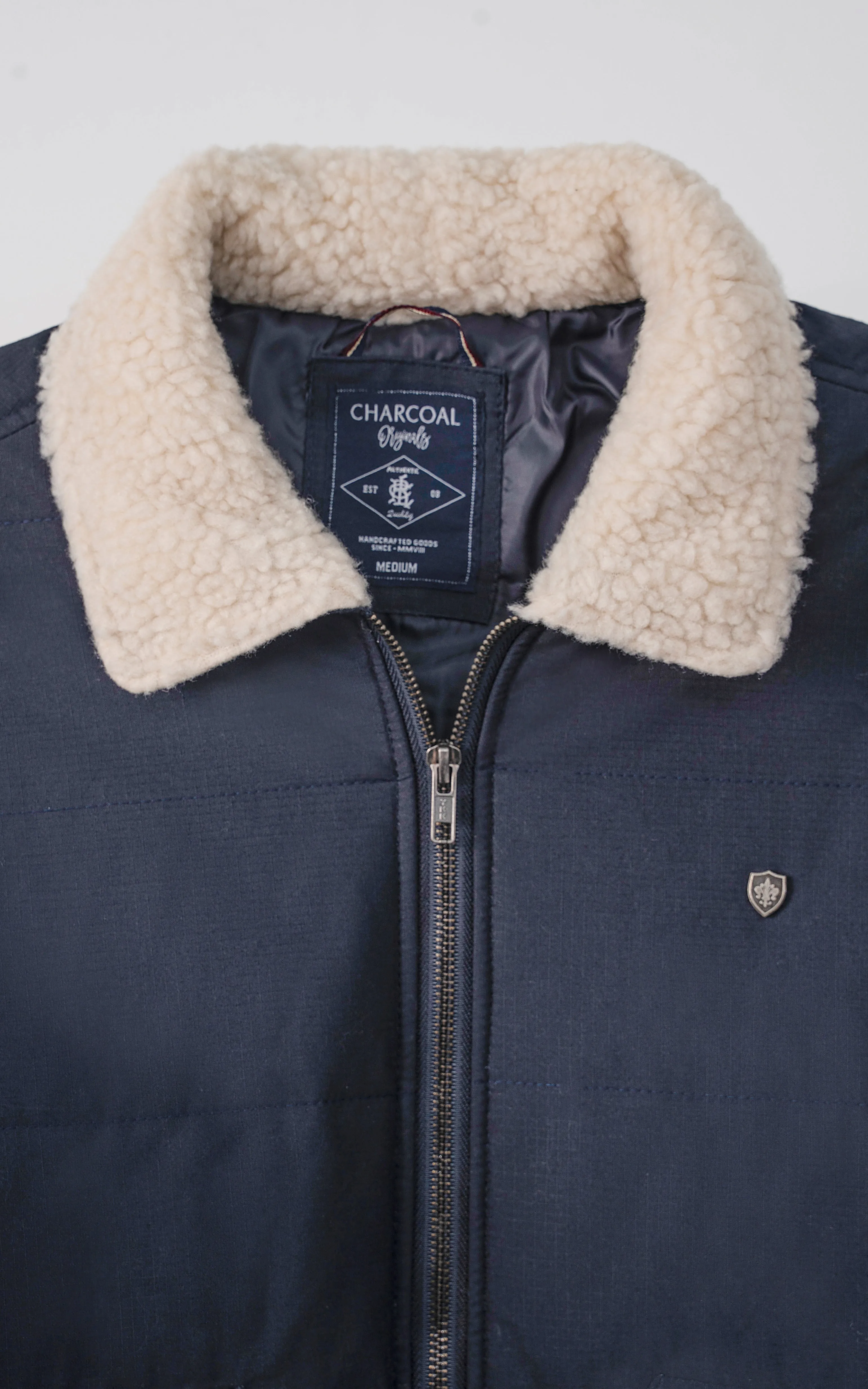 Pleat Elastic Gold Quilted Fur Collar Jacket Navy