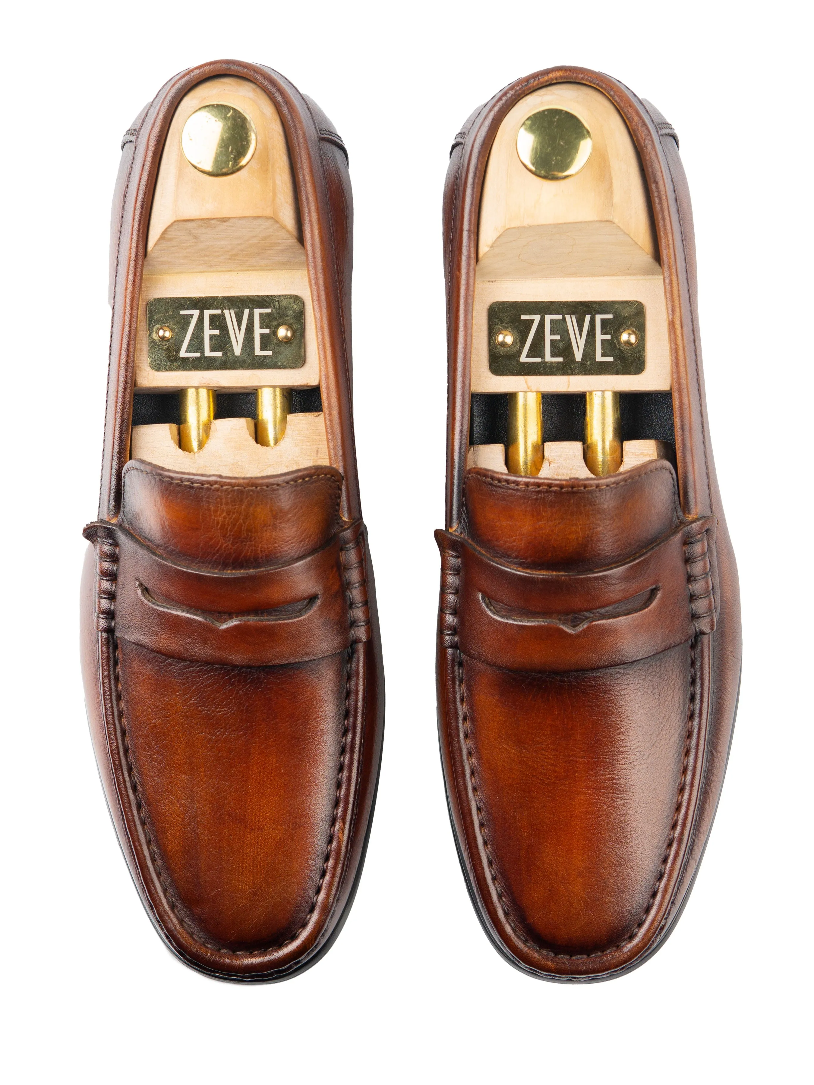 Penny Moccasin Loafer - Cognac Tan (Hand Painted Patina) Anti-Slip Traction Improvement