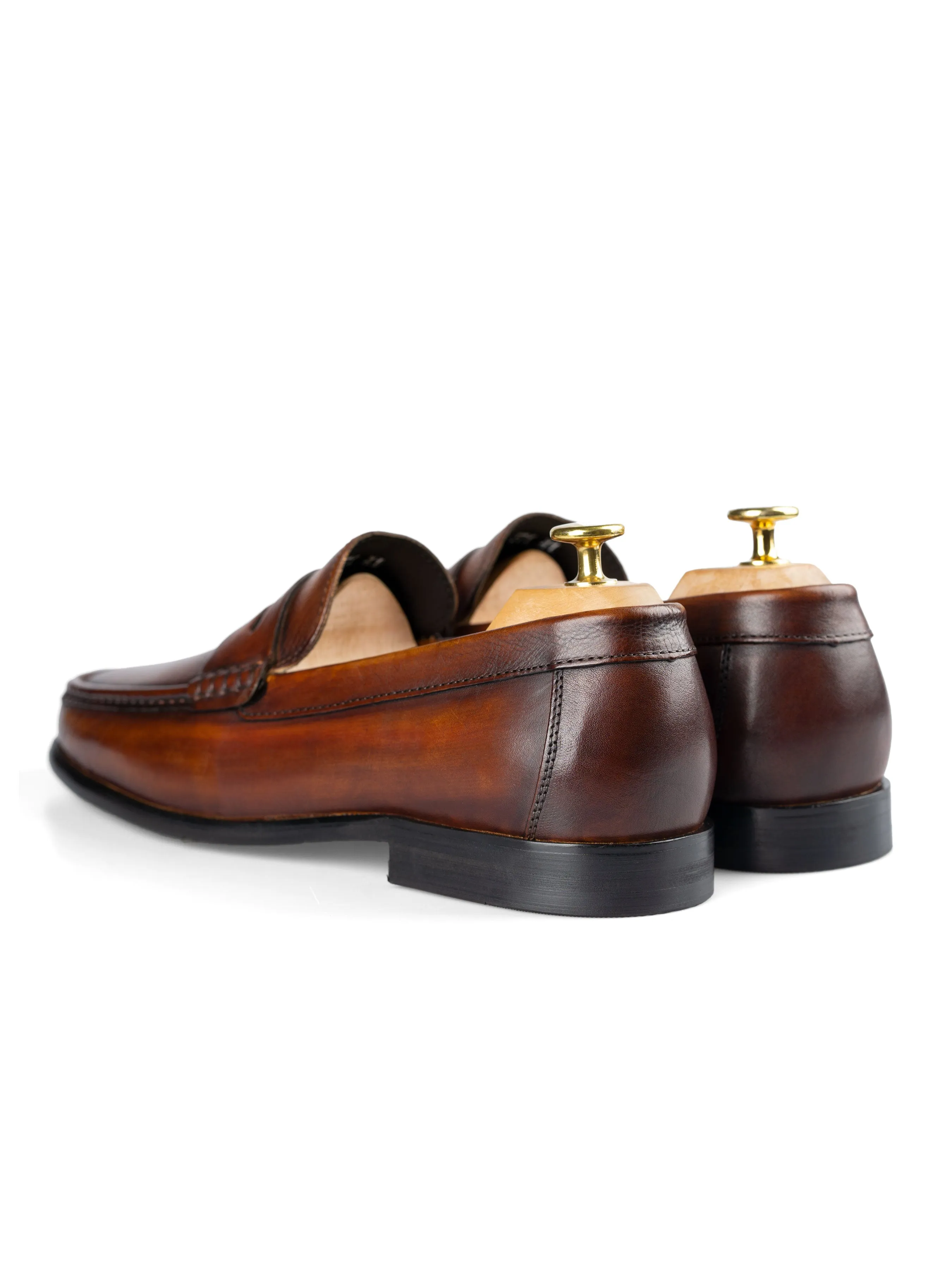 Penny Moccasin Loafer - Cognac Tan (Hand Painted Patina) Medium Heels