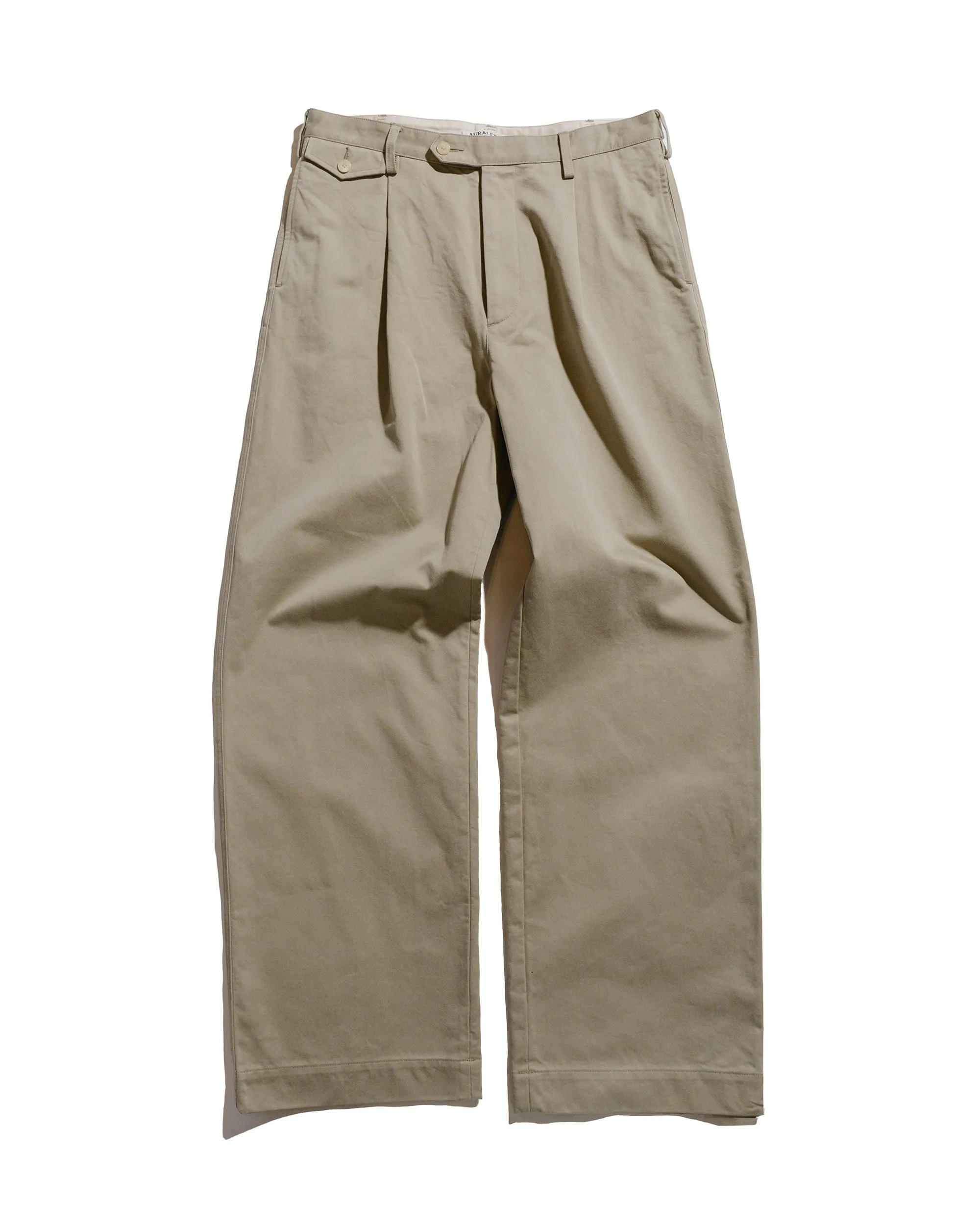 Auralee Washed Finx Chino One-Tuck Pants Light Khaki Split Hem Look Easy-On