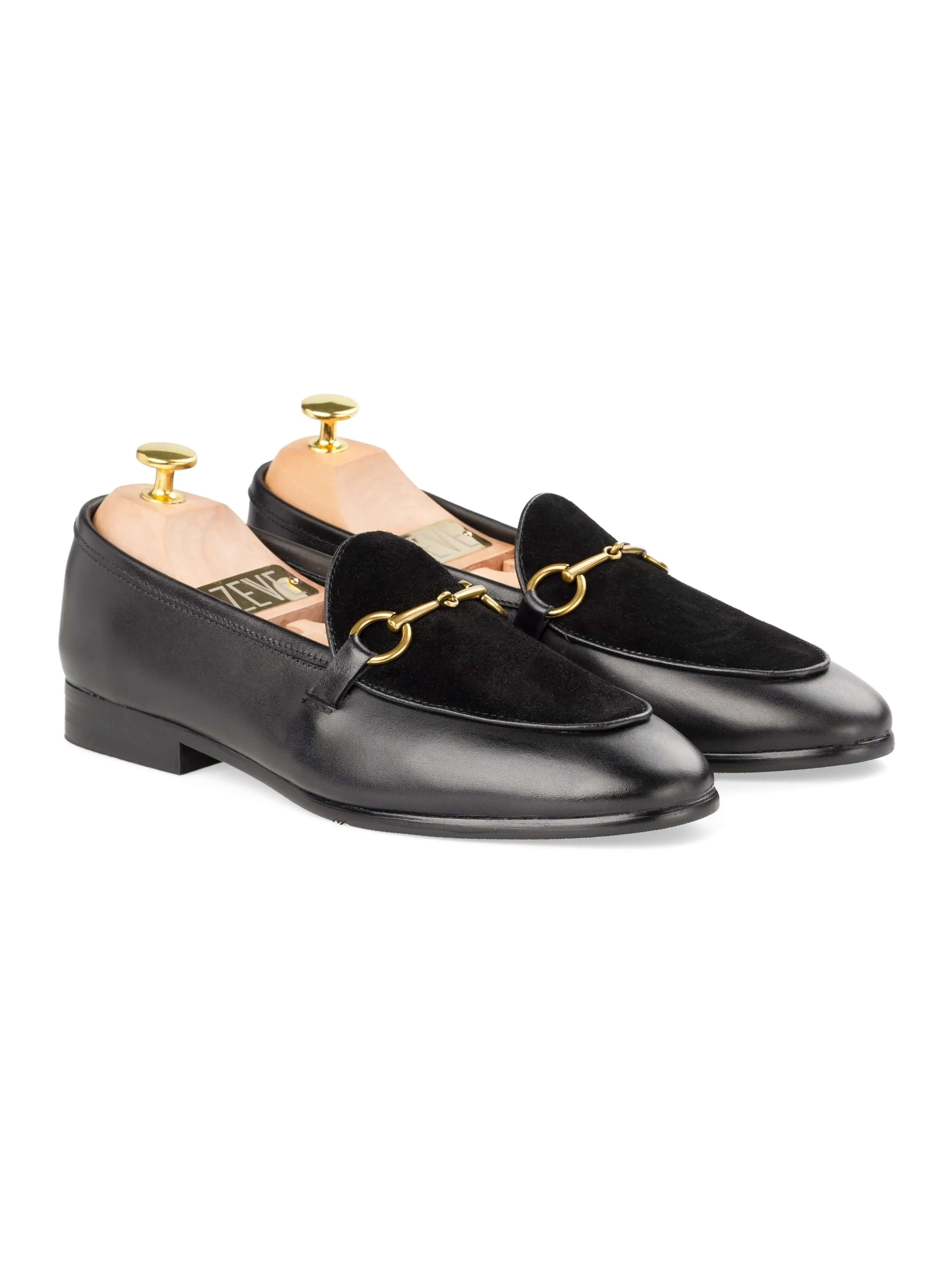 Comfort Satisfaction Slip-On Slip-On Removable Insole Design Belgian Loafer Horsebit Buckle - Solid Black & Suede (Gold Buckle)