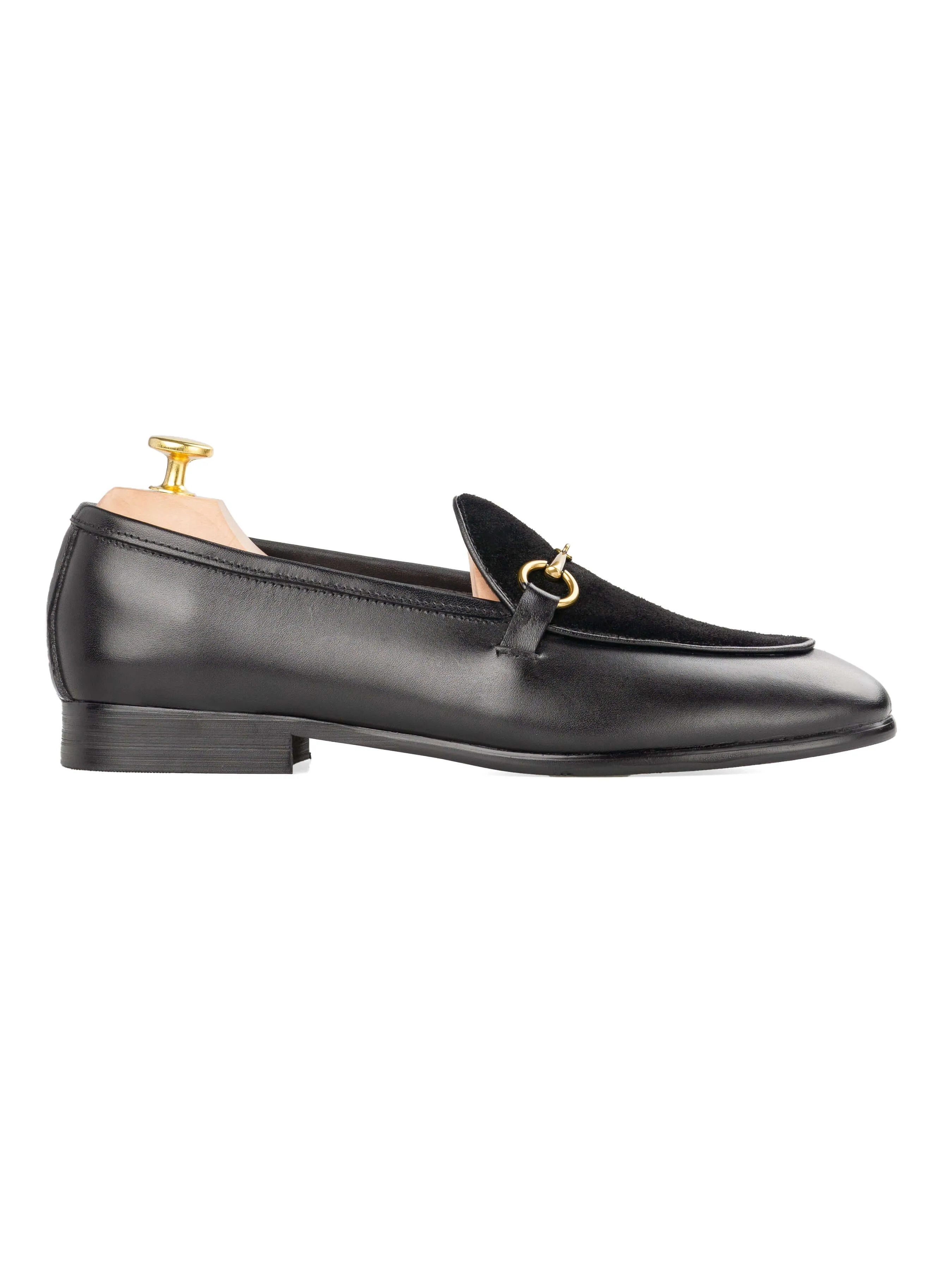 Belgian Loafer Horsebit Buckle - Solid Black & Suede (Gold Buckle) Patterned Design