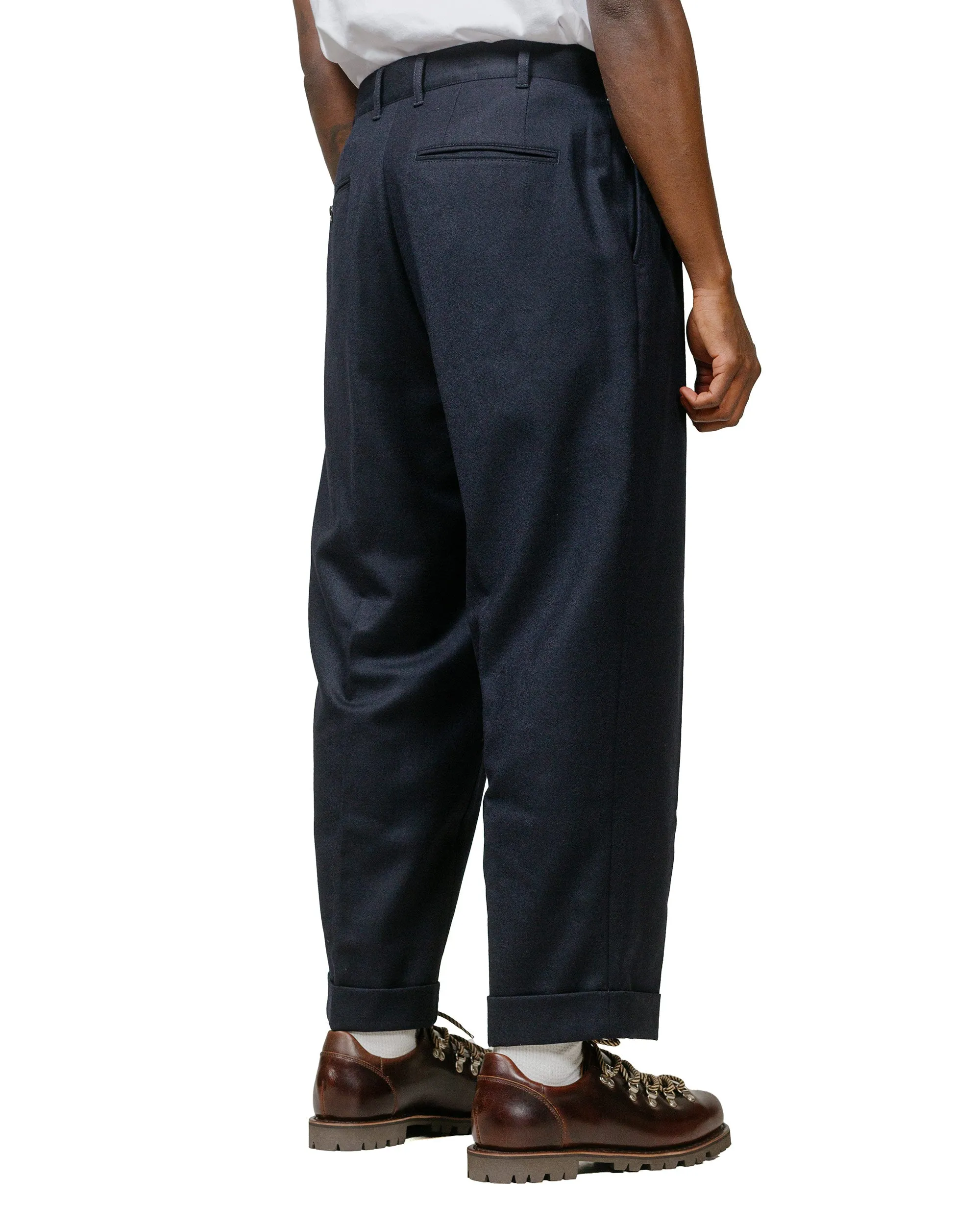 Beams Plus 2Pleats Flannel Navy Roll - Up Sleeve Look