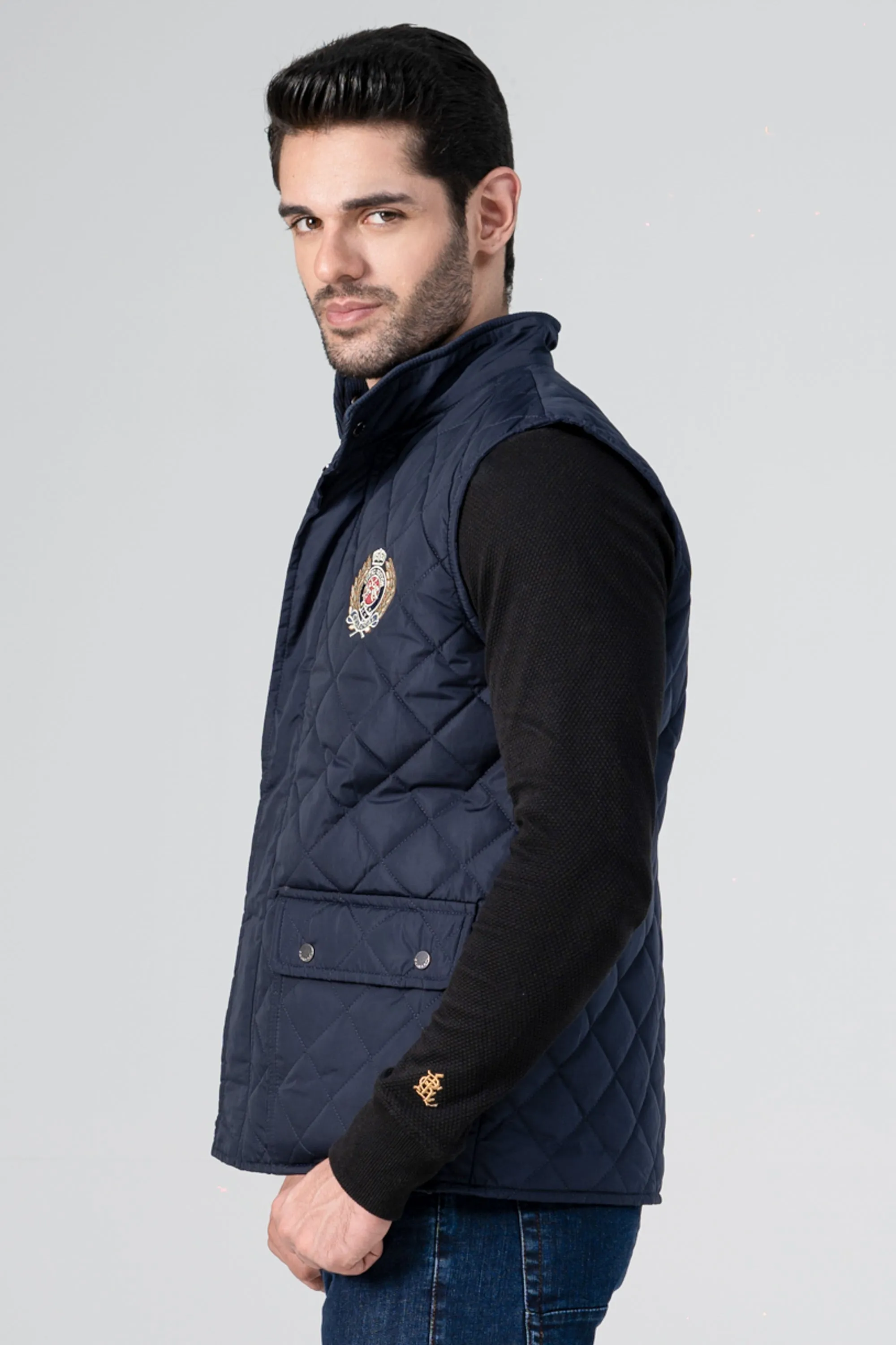 Gel Insoles Mid Cut Quilted Logo Embroidered Jacket Navy