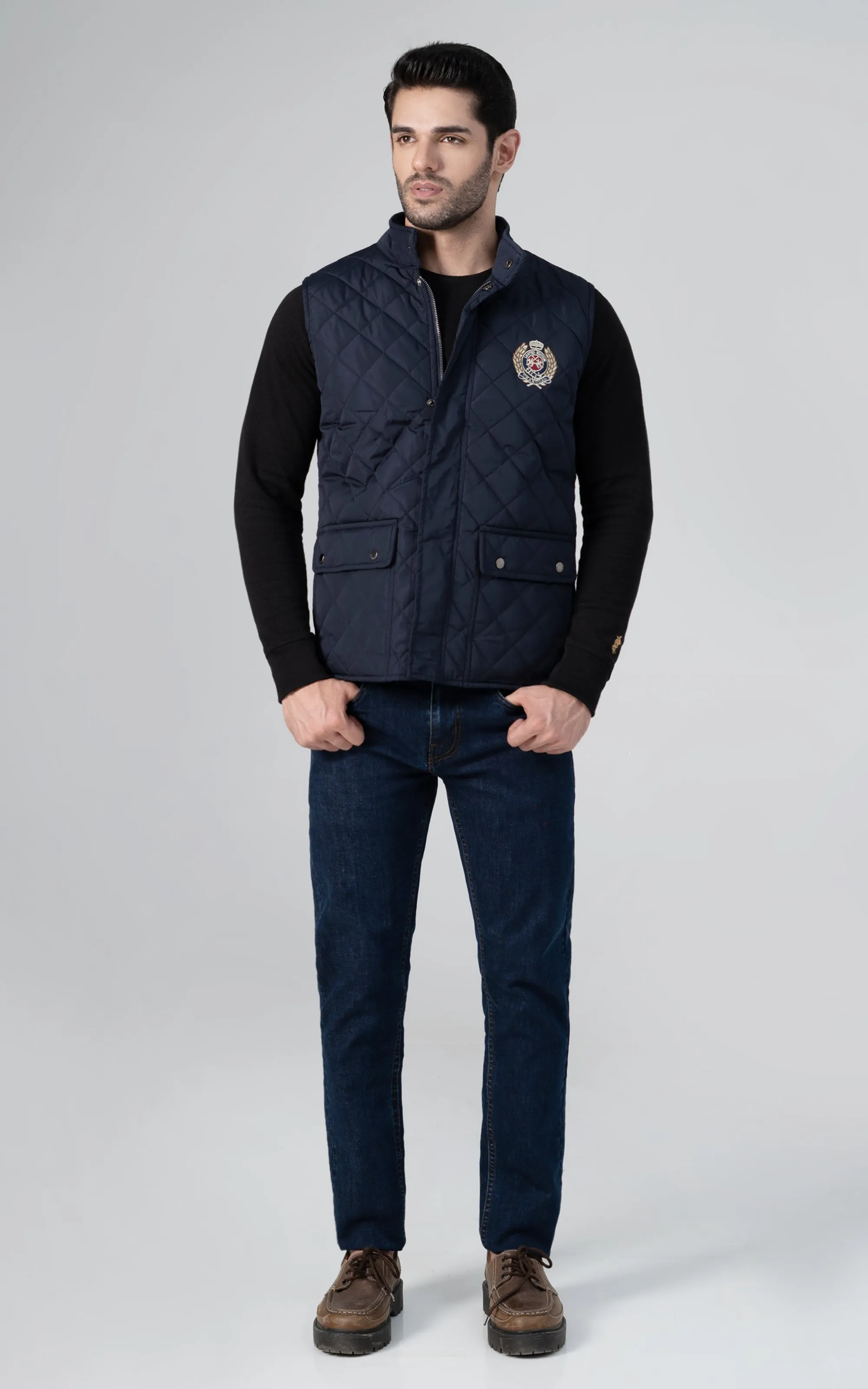 Printed Cotton Comfortable And Soft Lining Quilted Logo Embroidered Jacket Navy