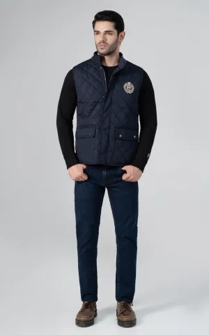 Printed Cotton Comfortable And Soft Lining Quilted Logo Embroidered Jacket Navy