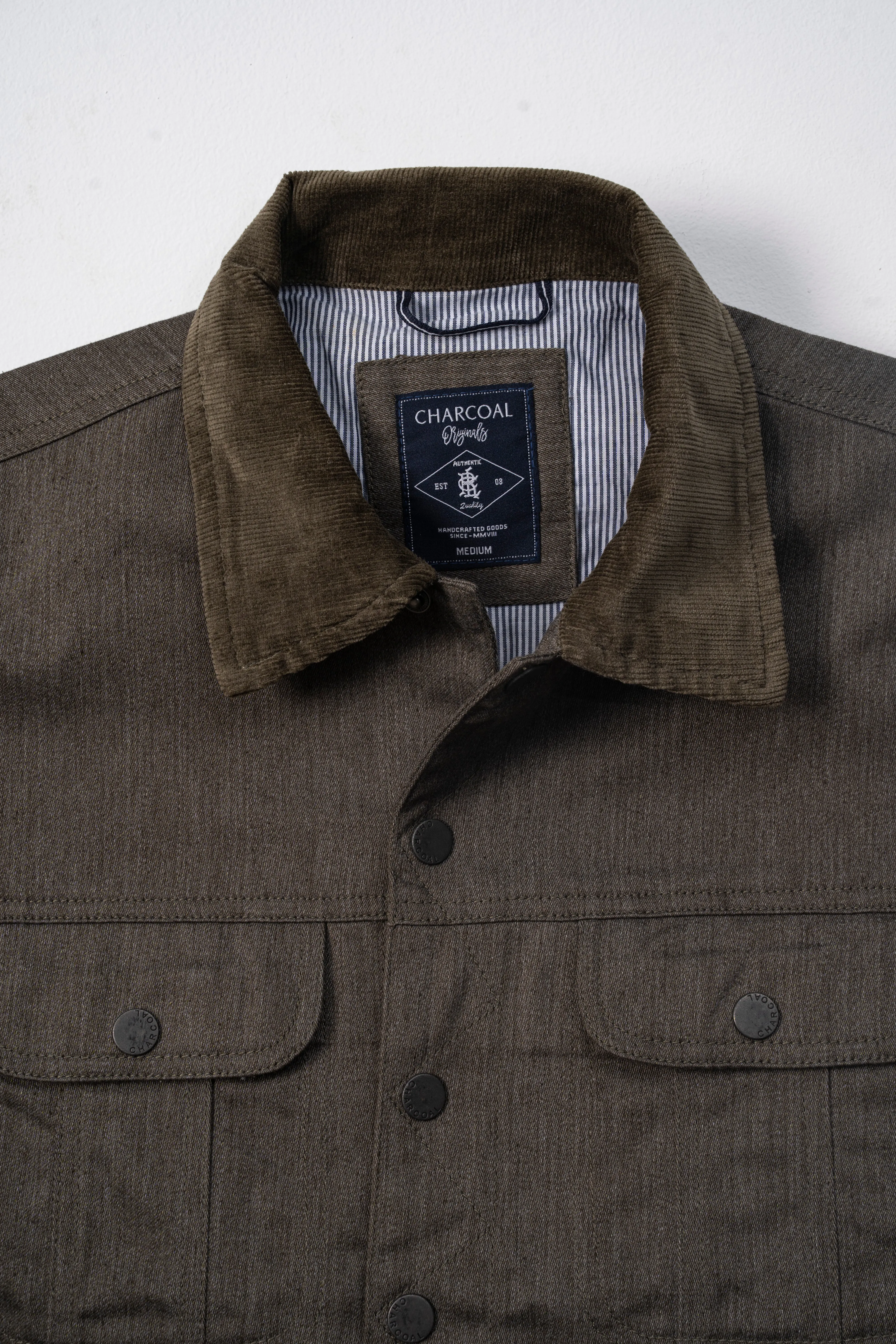 Adjustable Grip Corduroy Collar Full Sleeve Jacket Olive