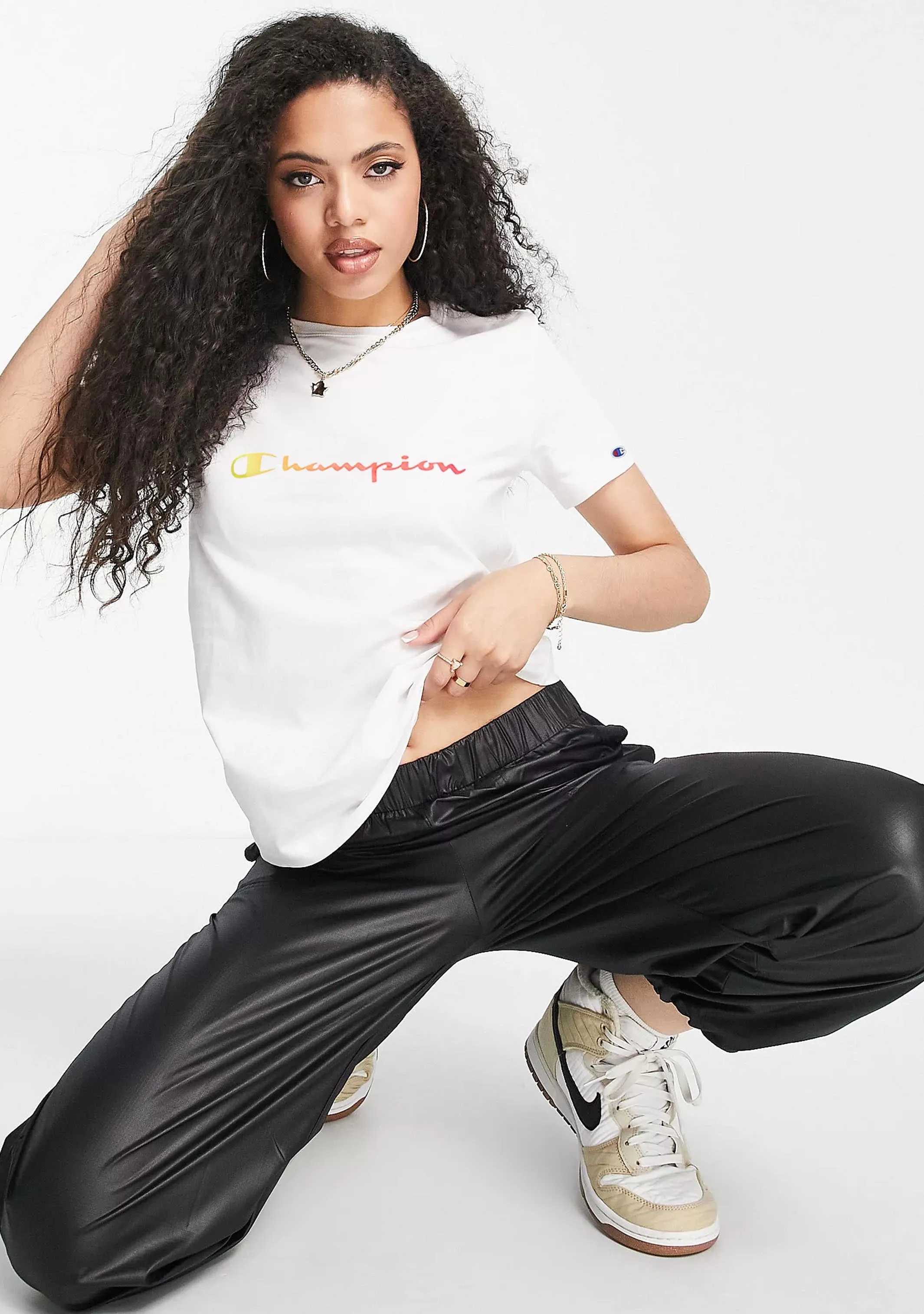 "Elastic Thread Edge Braiding Champion Women'S Ombre Script Short Sleeve Tee White