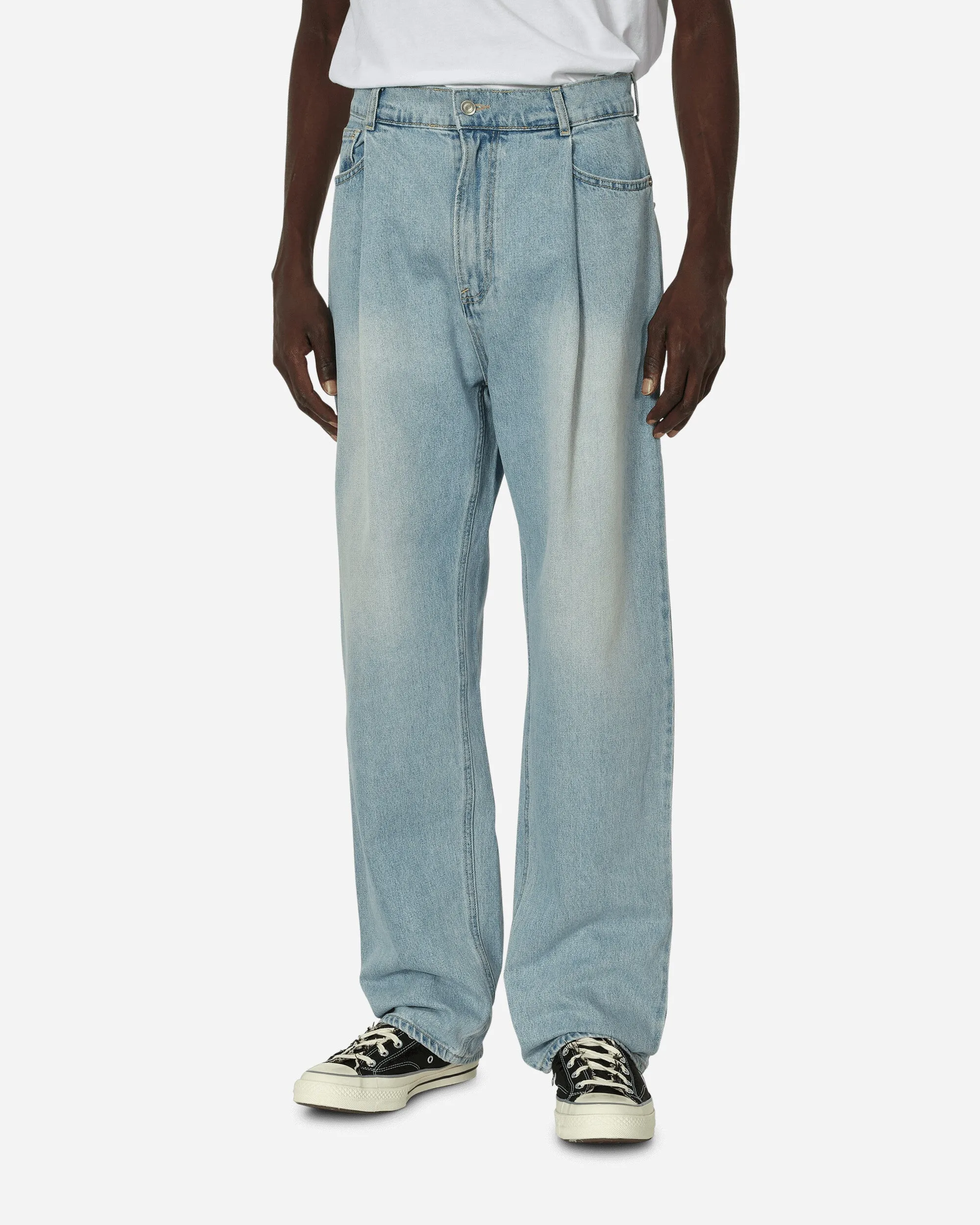 Embellished Finish One Tuck Wide Denim Pants Light Blue