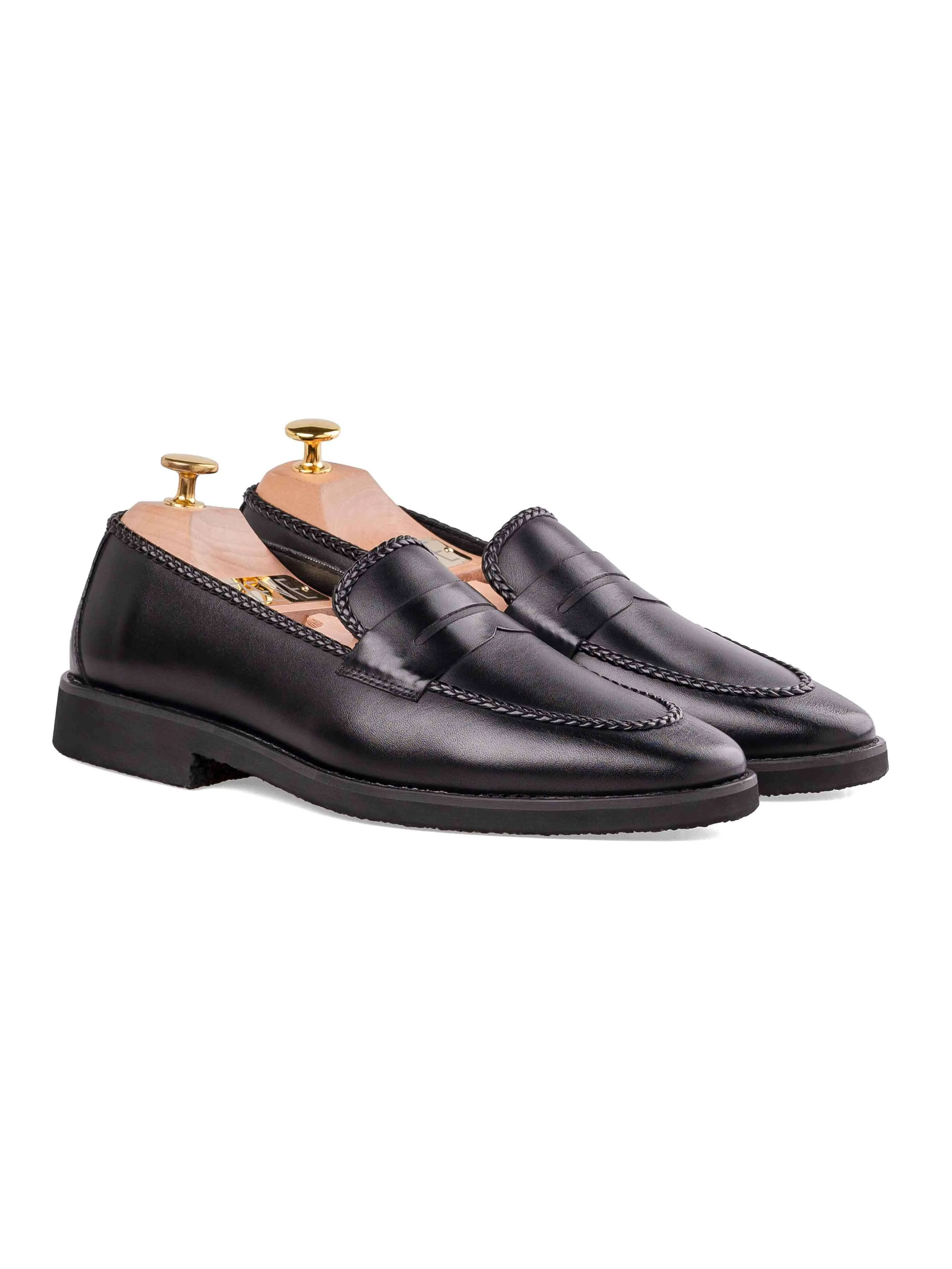 High-Quality Craftsmanship Travel Friendly Braided Penny Loafer - Solid Black (Crepe Sole)