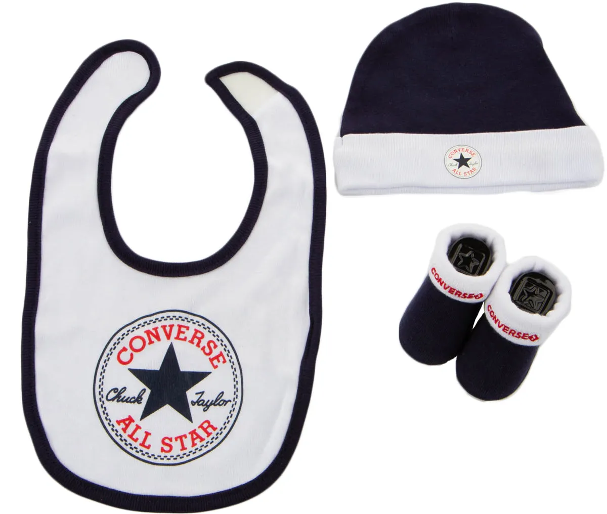 Ensemble de lit bébé Converse en blanc incluant chaussons, bonnet et bavoir Chaussures Converse