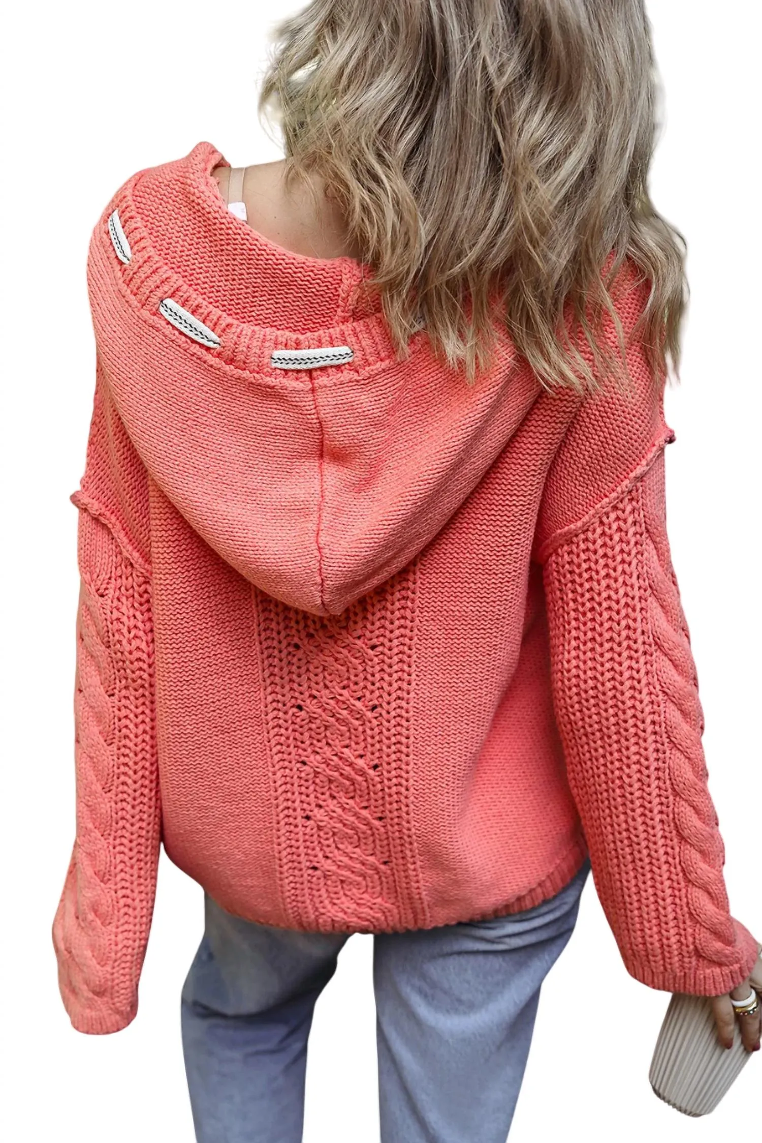 Pull à capuche en maille corail avec cordon de serrage en couleur fraise