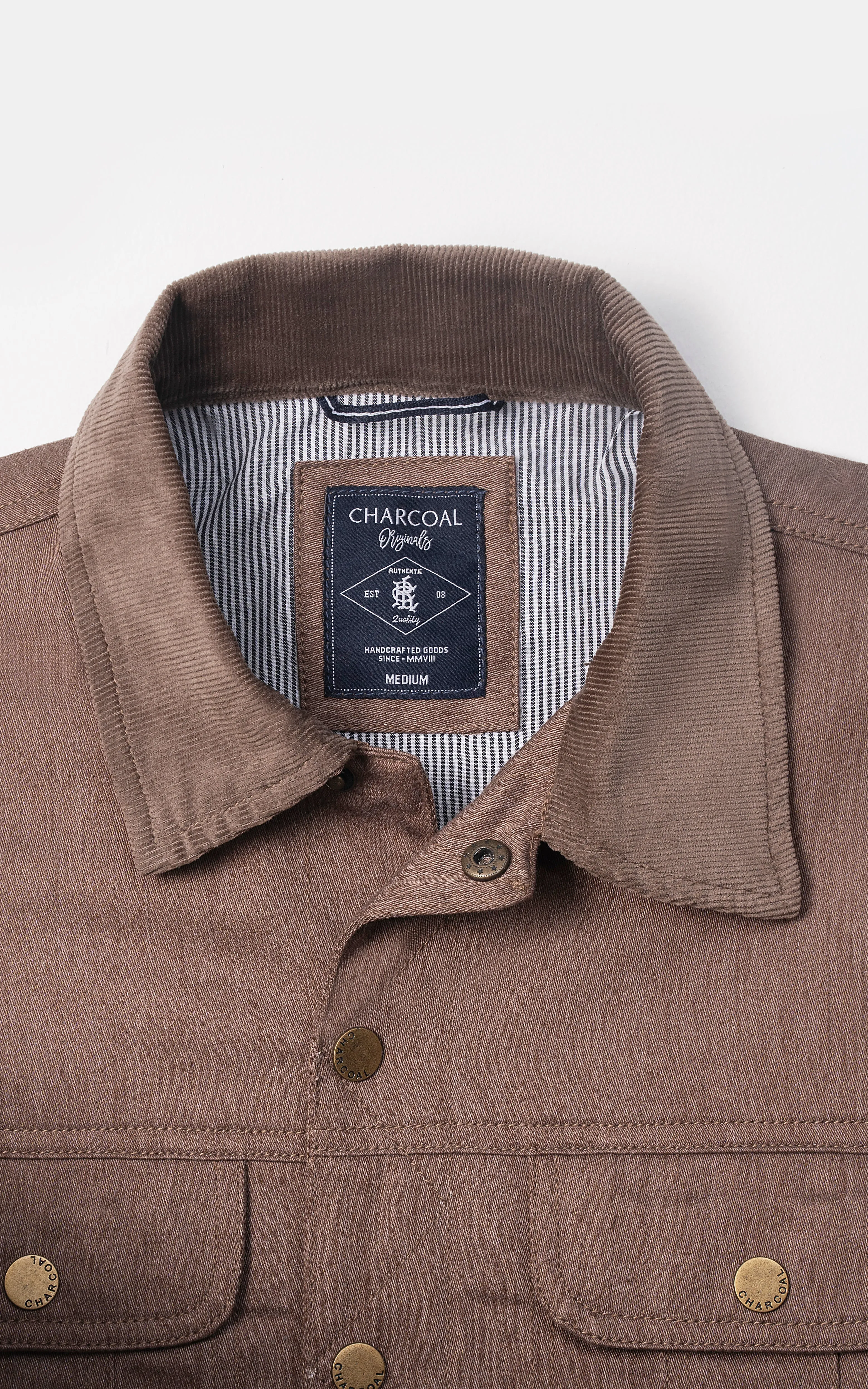 Concise Description Corduroy Collar Full Sleeve Jacket Brown