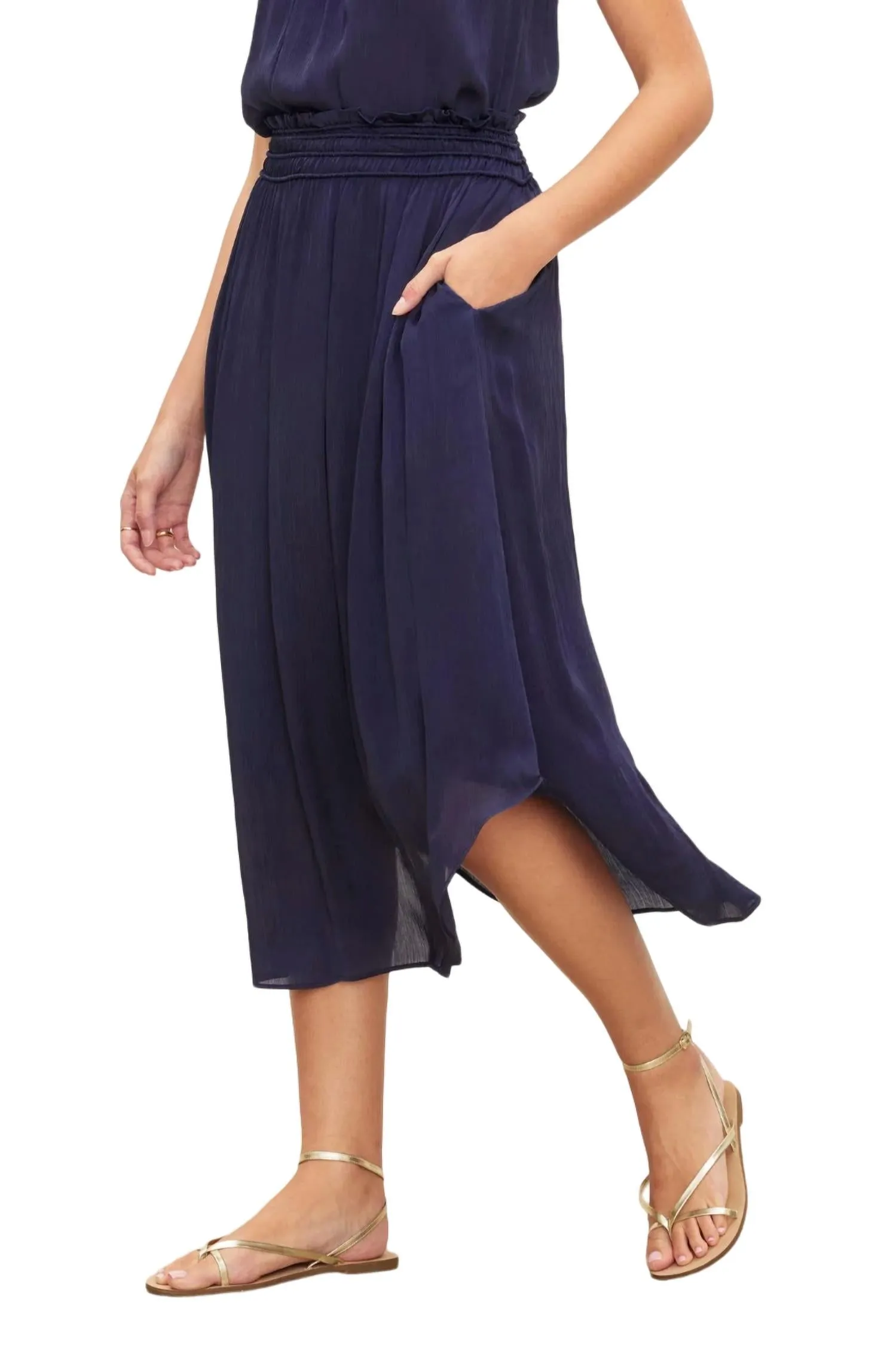 Jupe mi-longue en viscose froissée marine