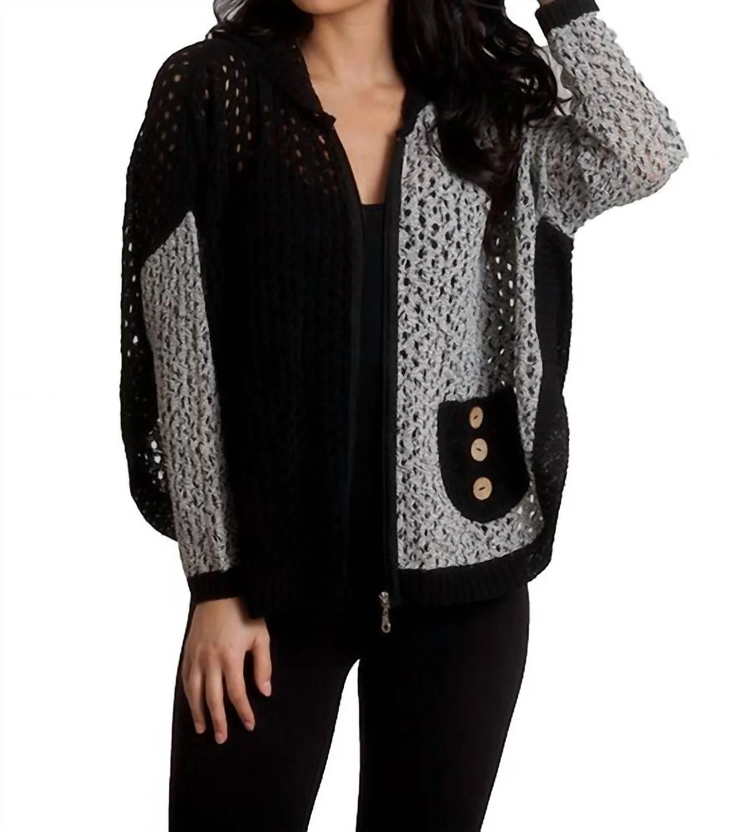 Poncho à capuche avec boutons en crochet Noir/Blanc