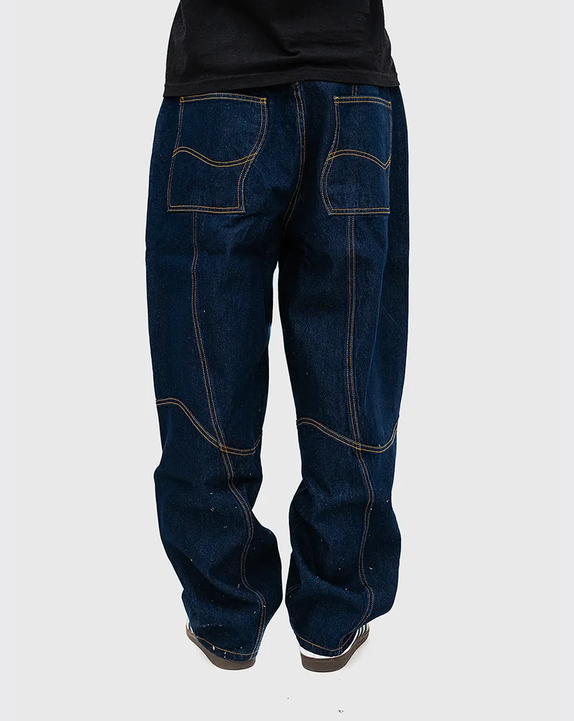 Value Appeal Comfortable Roll Dime Classic Baggy Denim Pants - Indigo Paneled