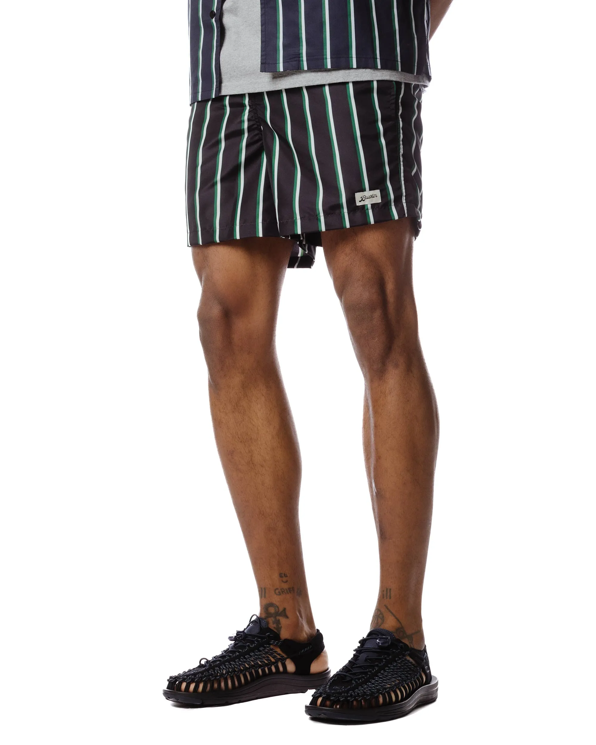 Bather Green & White Fine Stripe Swim Trunk Anti-Neptune Velour - Finish