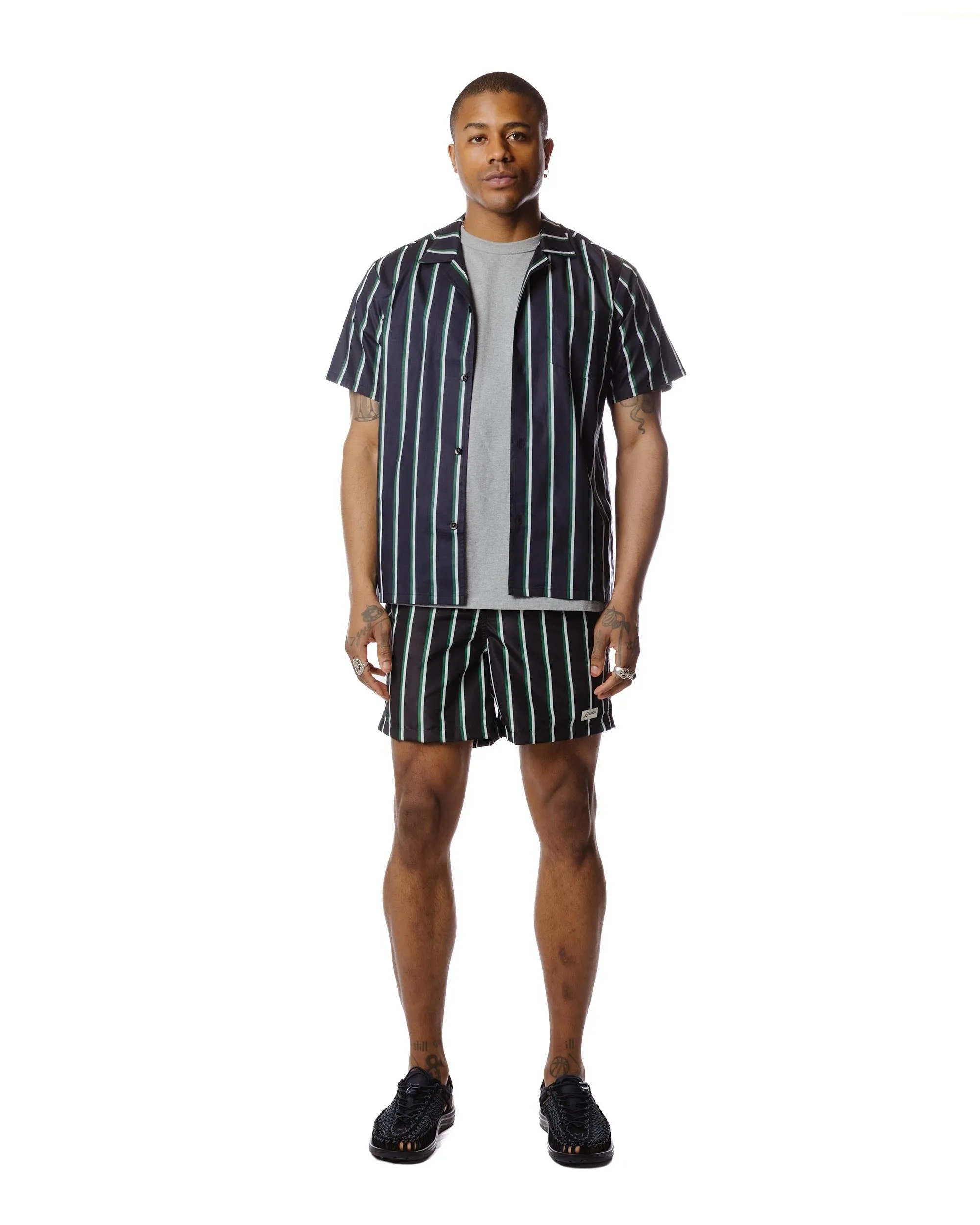 Contoured Design Bather Green & White Fine Stripe Swim Trunk