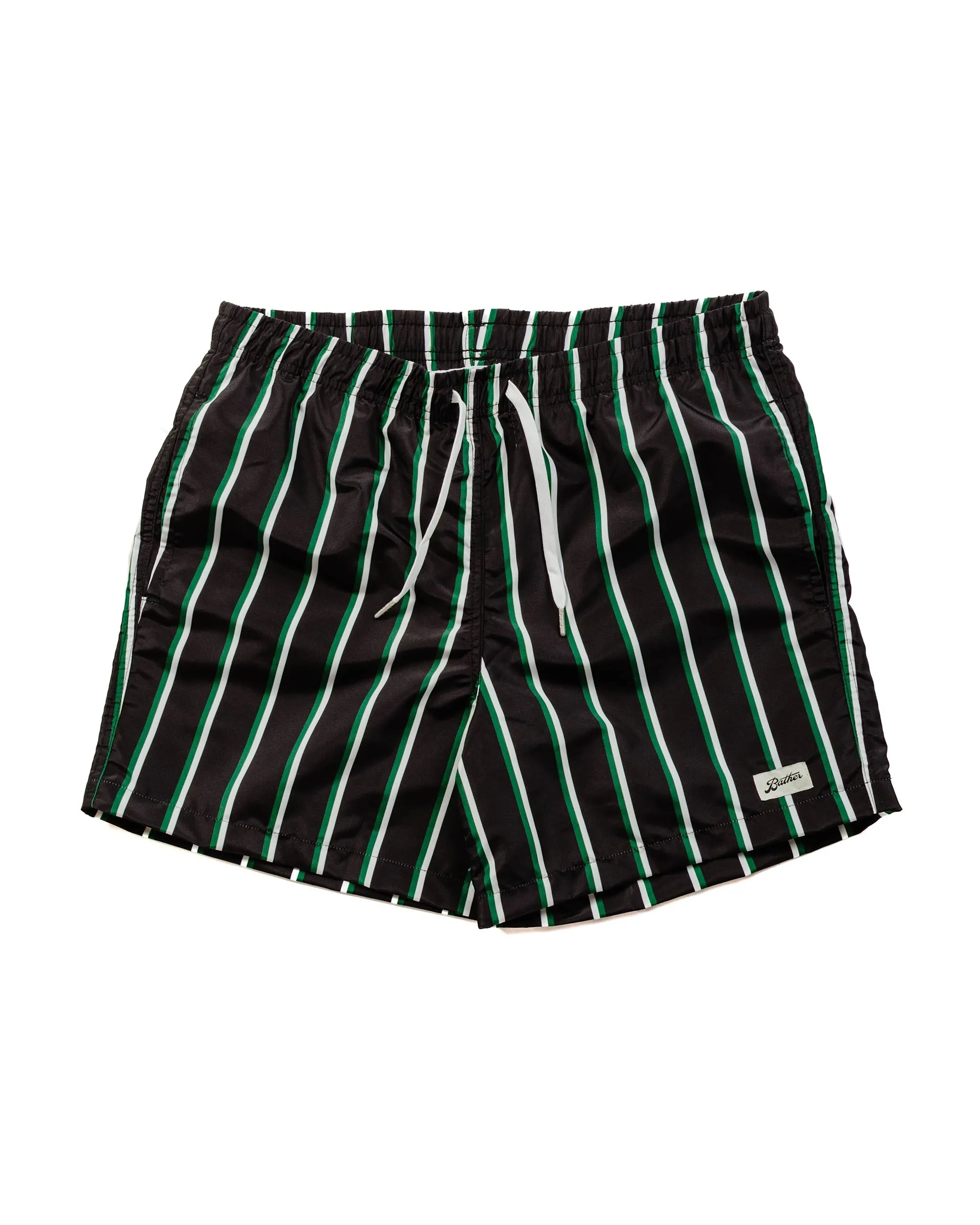 Bather Green & White Fine Stripe Swim Trunk Corrosion Resistant Front Zip