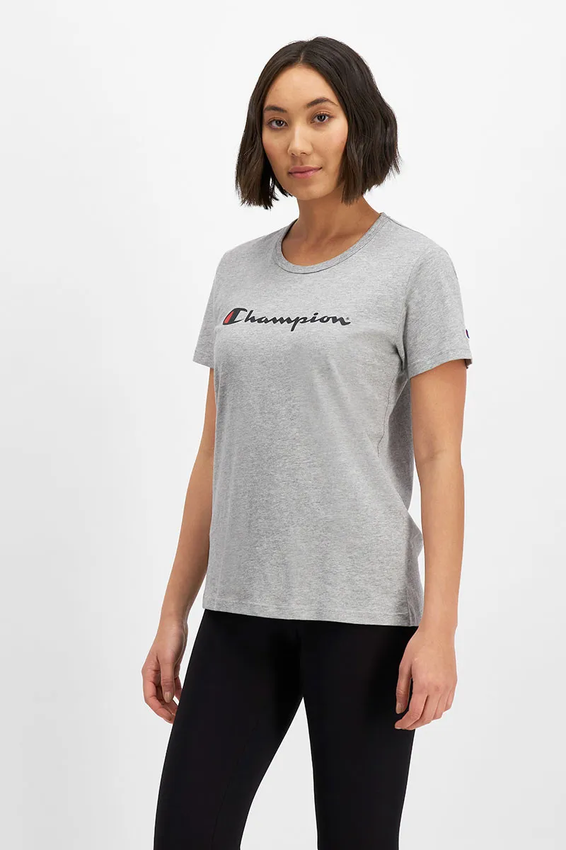 Champion Women'S Script Short Sleeve Tee Clean Look Zipperless