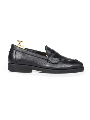 Hand - Washable Slippers Wayne Penny Loafer - Black Pebble Grain Leather (Crepe Sole)