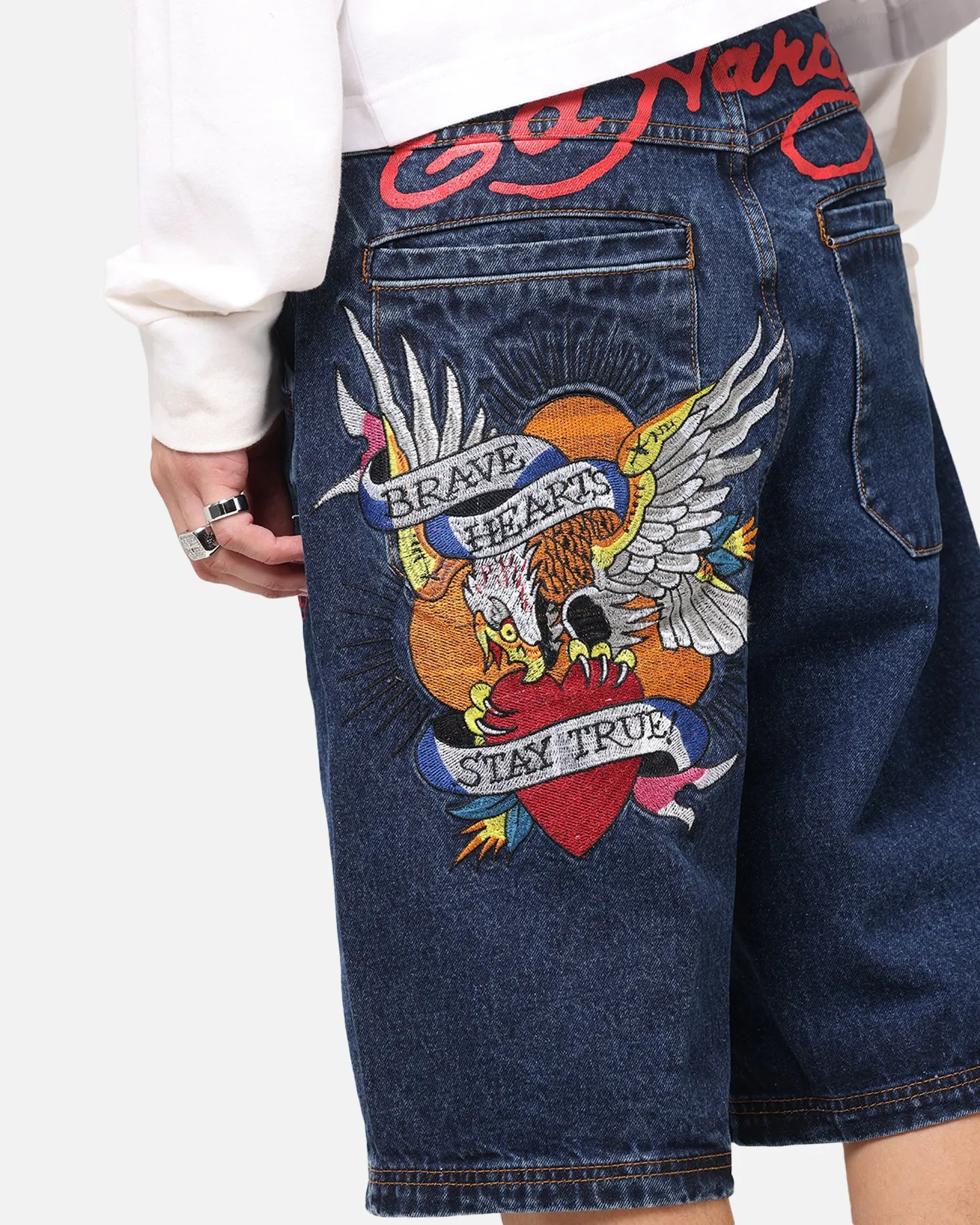 Ed Hardy Brave Hearts Shorts en Jean Indigo