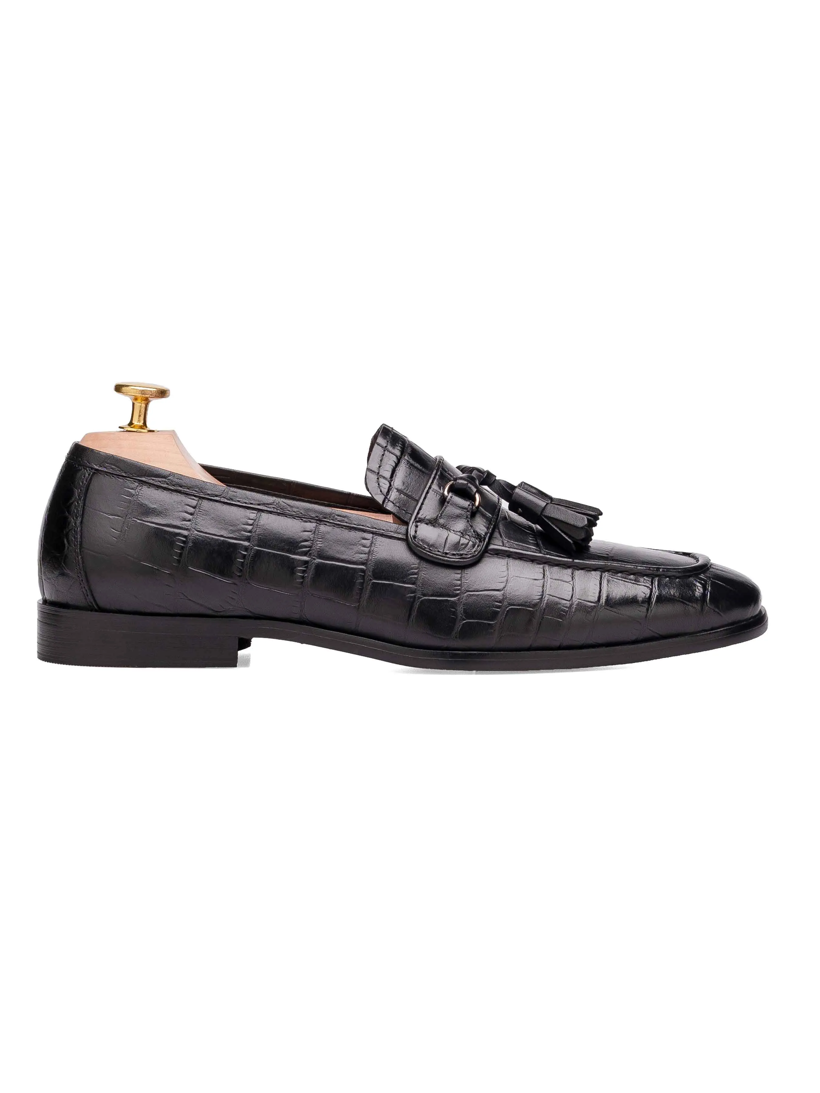 Elvio Tassel Loafer - Black Croco Polished Leather Economical
