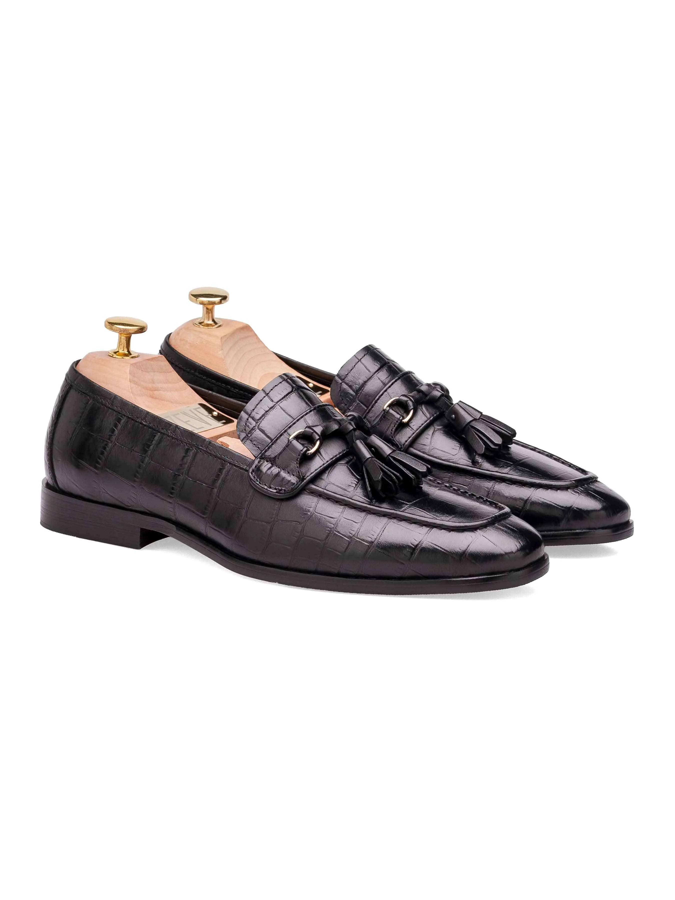 Elvio Tassel Loafer - Black Croco Polished Leather Step Into Strength