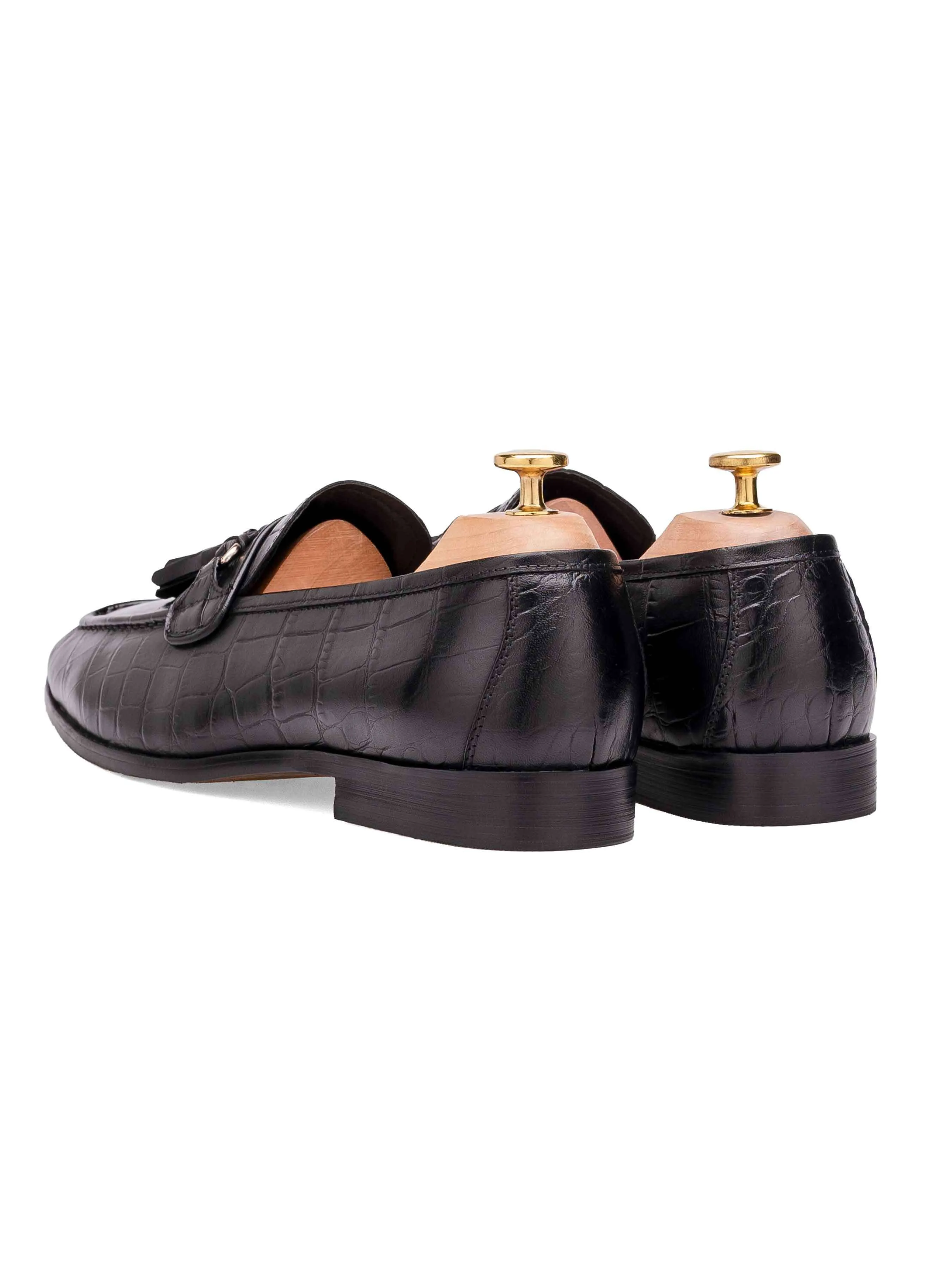 Built to Perform Elvio Tassel Loafer - Black Croco Polished Leather