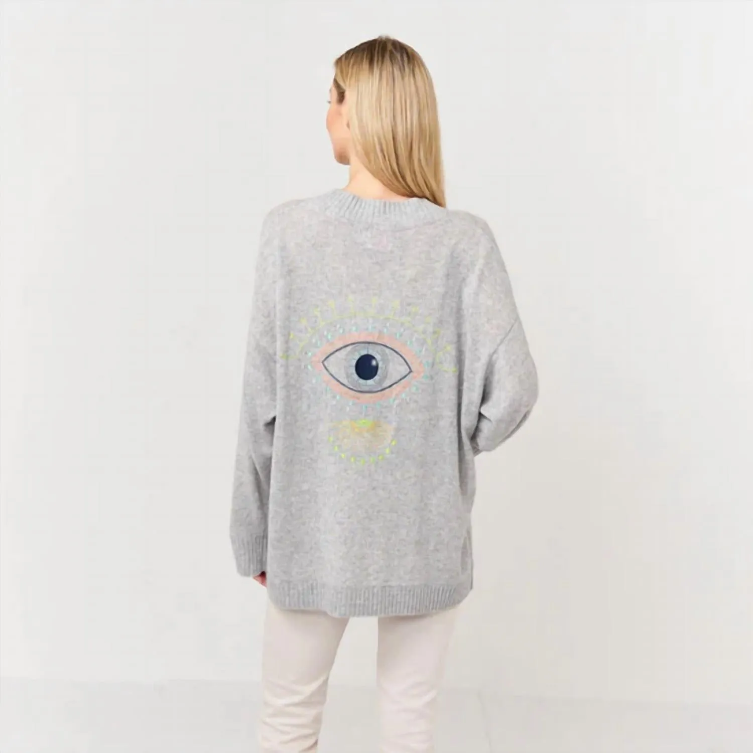 Cardigan en cachemire brodé avec œil en Super Gris