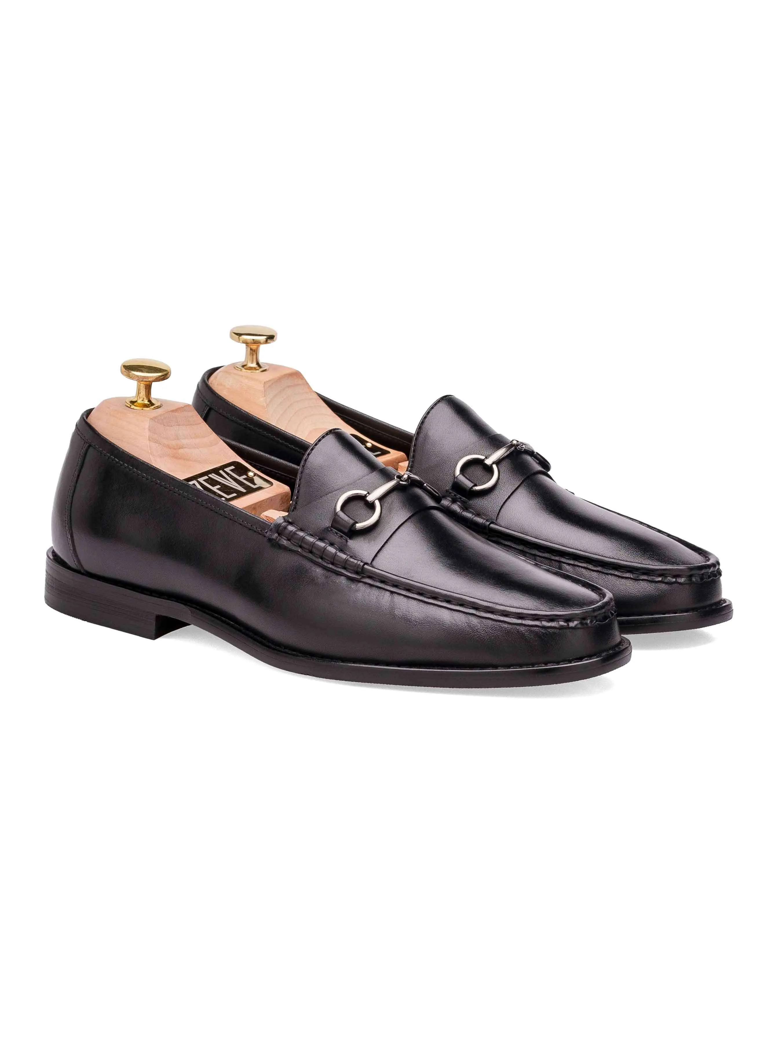 Flexible And Supportive Zip Up Style Mario HorsebitMoccasinLoafer - Black Leather (Silver Buckle)