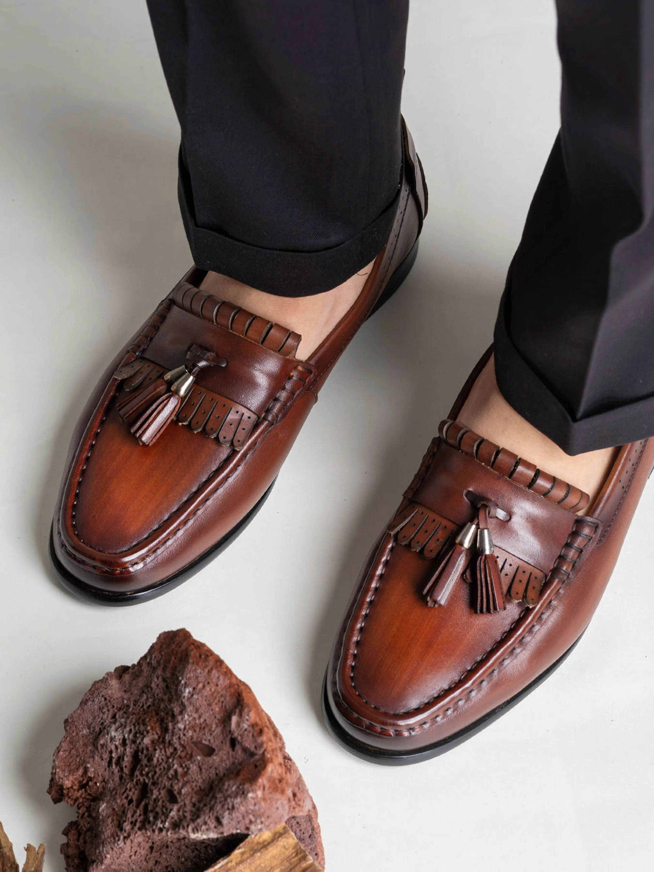 Stretchable Knit Design Confined Look Fringe Classic Loafer - Cognac Tan With Tassel (Hand Painted Patina)