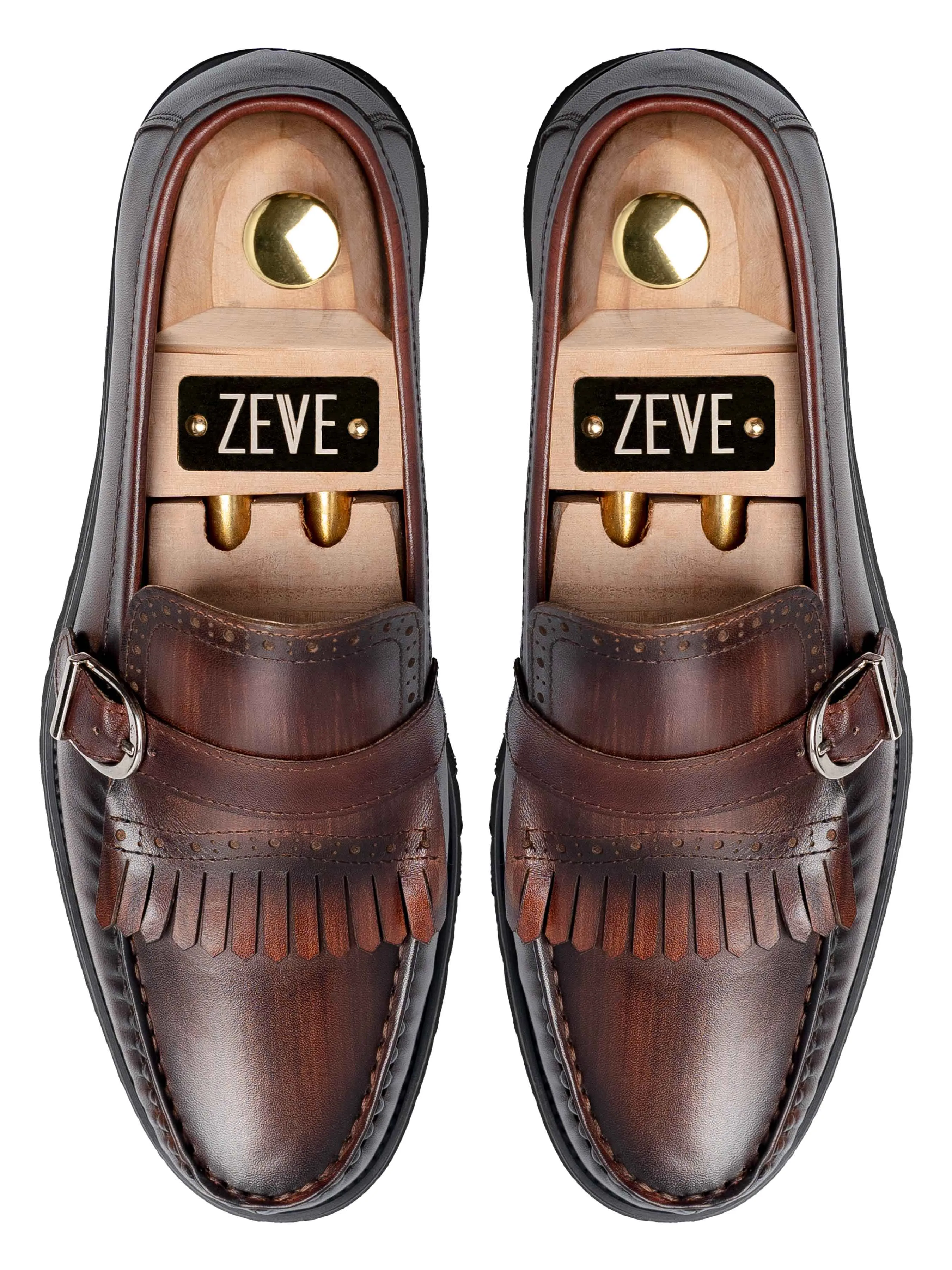 Comfortable Resilience Wonderful Fringe Buckle Loafer - Brown Hand Painted Patina Leather (Eva Combat)