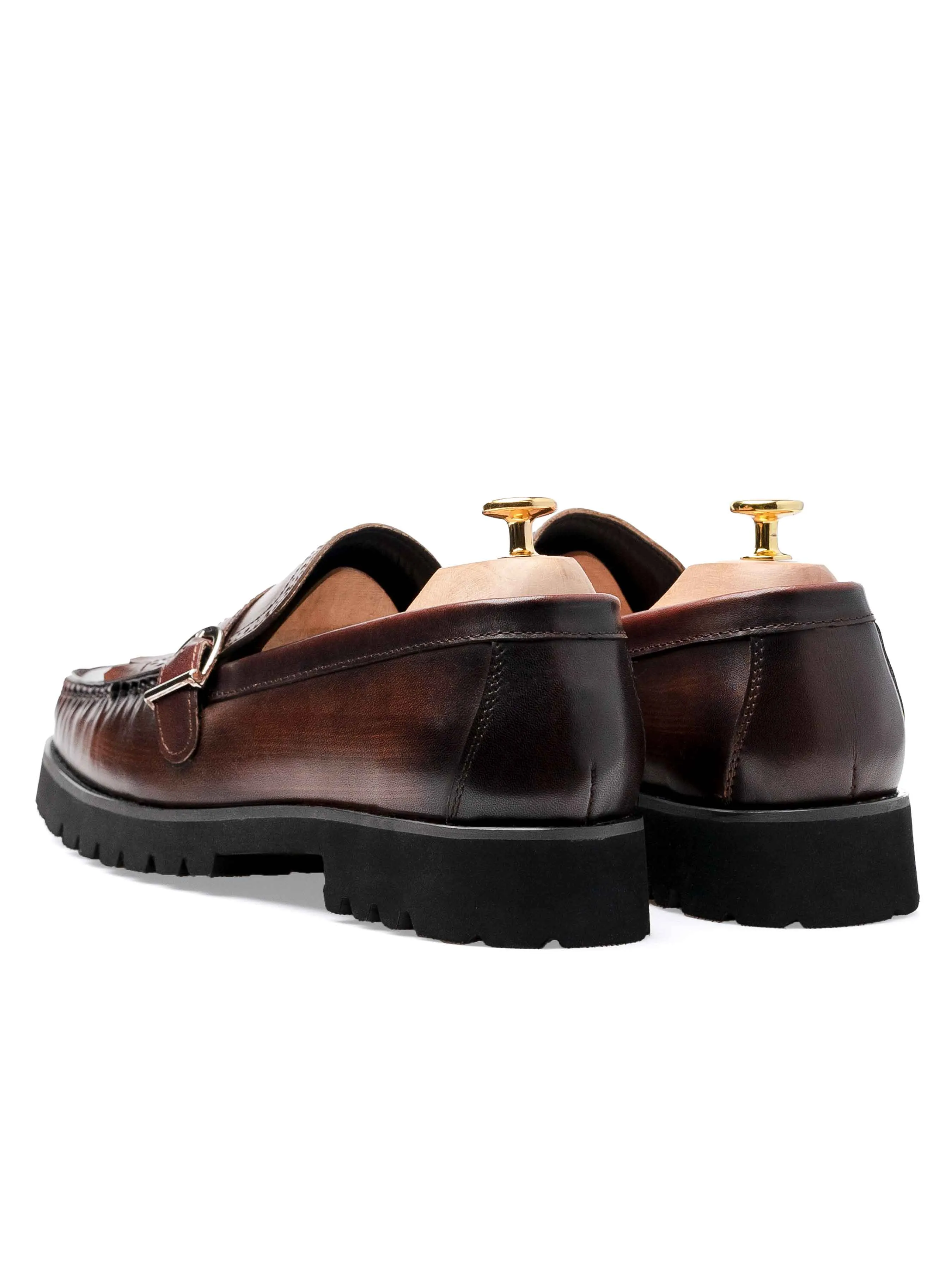 Comfort Picked AdvancedTechnology Fringe Buckle Loafer - Brown Hand Painted Patina Leather (Eva Combat)