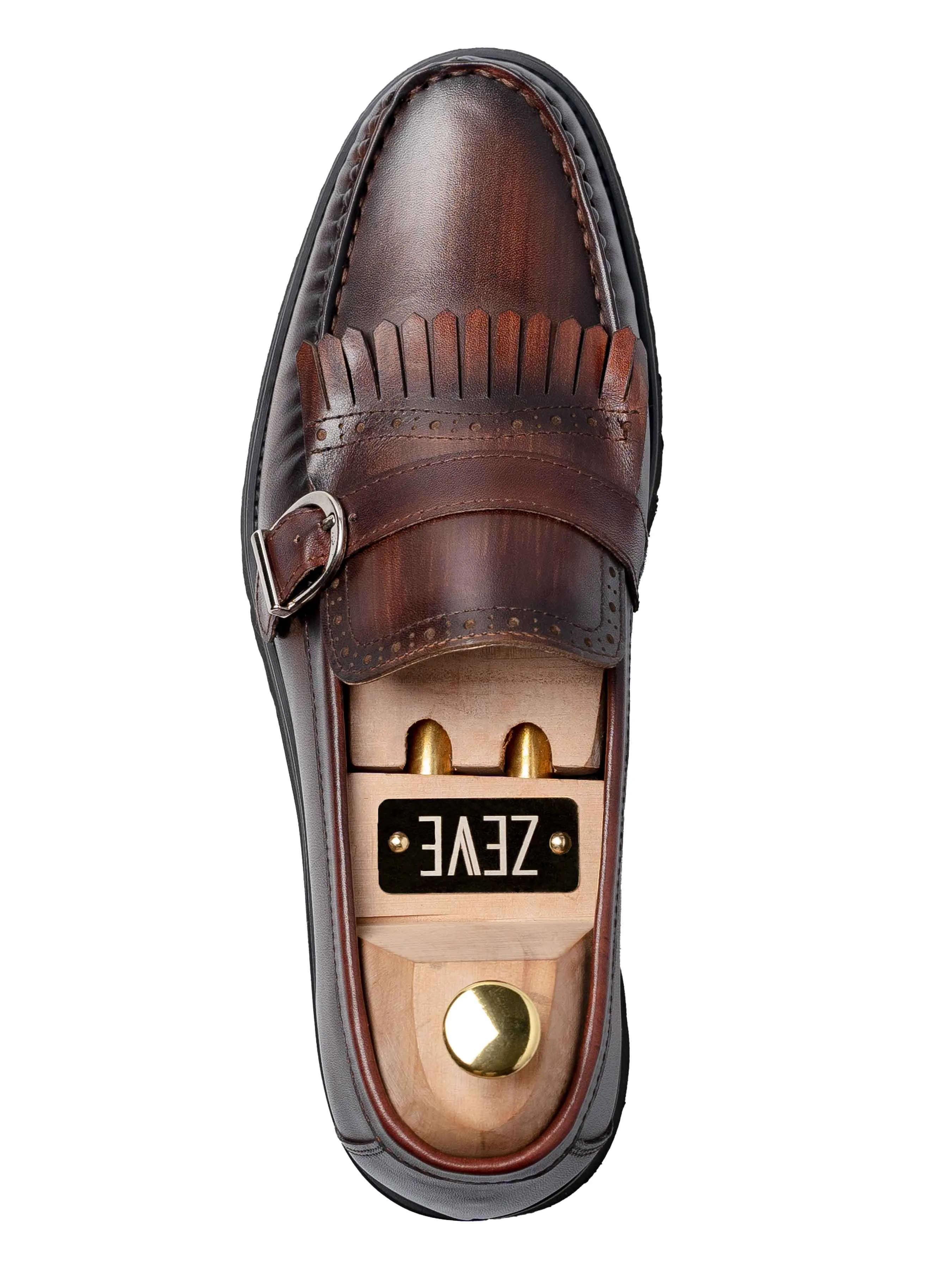 Fringe Buckle Loafer - Brown Hand Painted Patina Leather (Eva Combat) Dress from the Feet Up