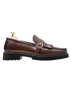 Memorial Day Sale Feel the Energy Fringe Buckle Loafer - Brown Hand Painted Patina Leather (Eva Combat)