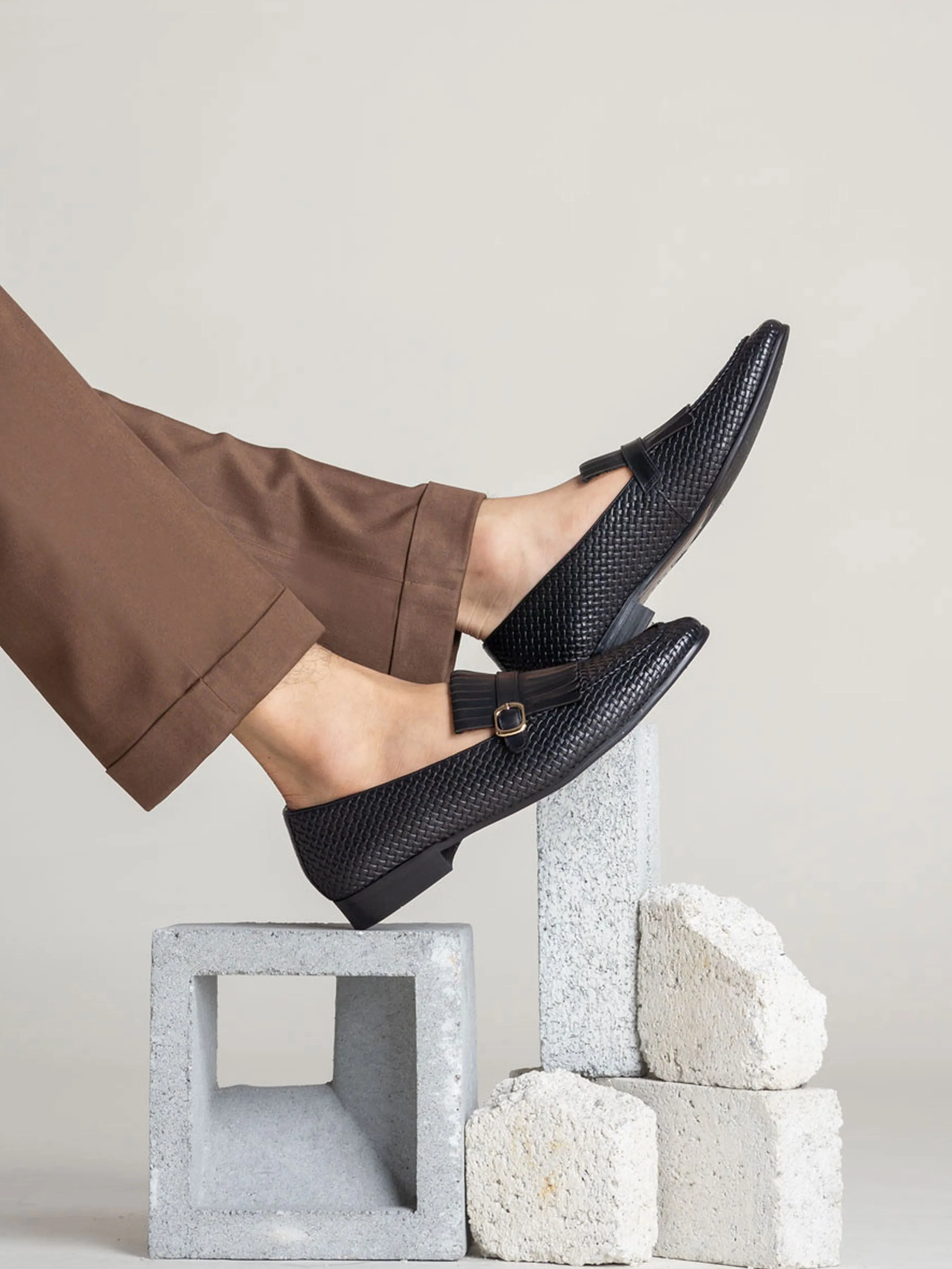 Fringe Kiltie Loafer - Black Woven Leather With Side Buckle (Hand Painted Patina) Step Out Boldly Be Unstoppable