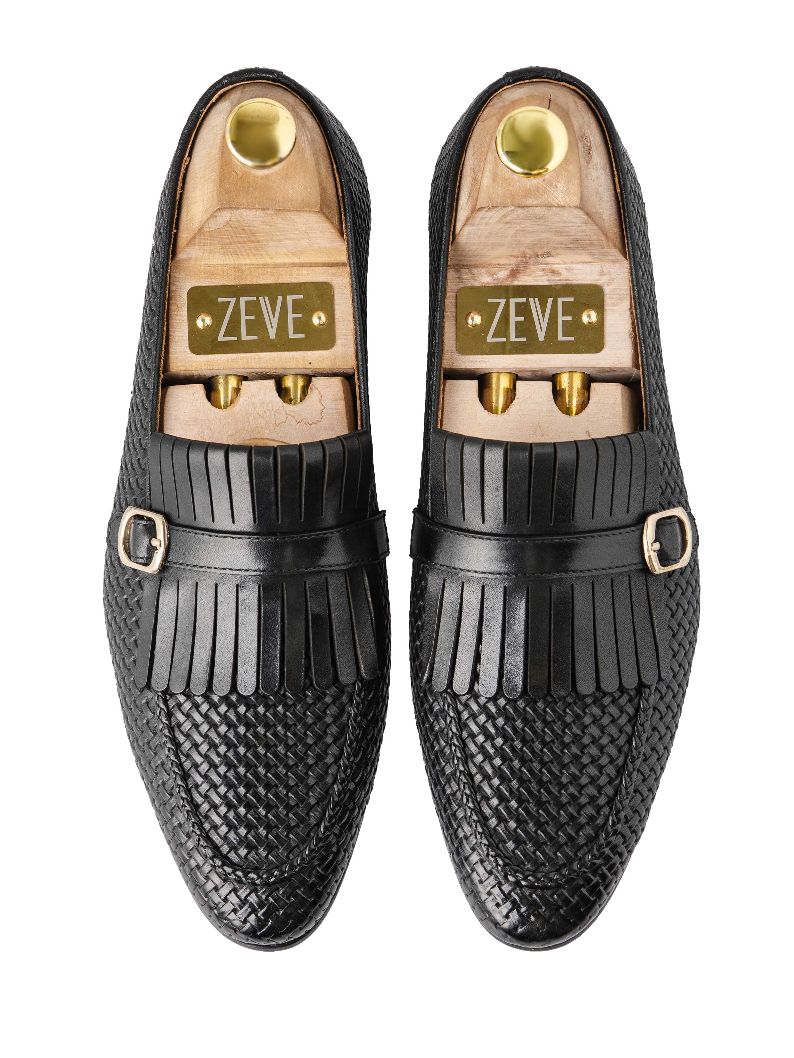 Fringe Kiltie Loafer - Black Woven Leather With Side Buckle (Hand Painted Patina) Gear Up and Go Walk with Purpose