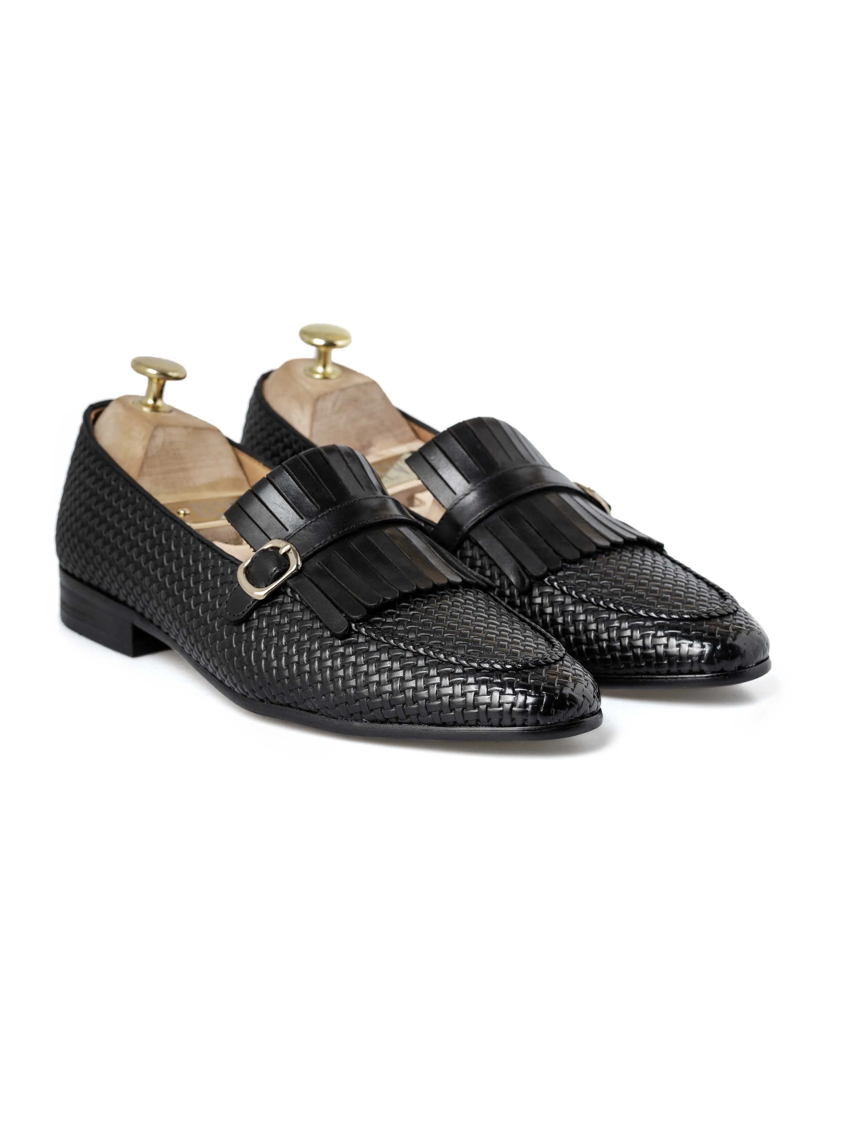 Fringe Kiltie Loafer - Black Woven Leather With Side Buckle (Hand Painted Patina) Fearlessly You Easter Sale