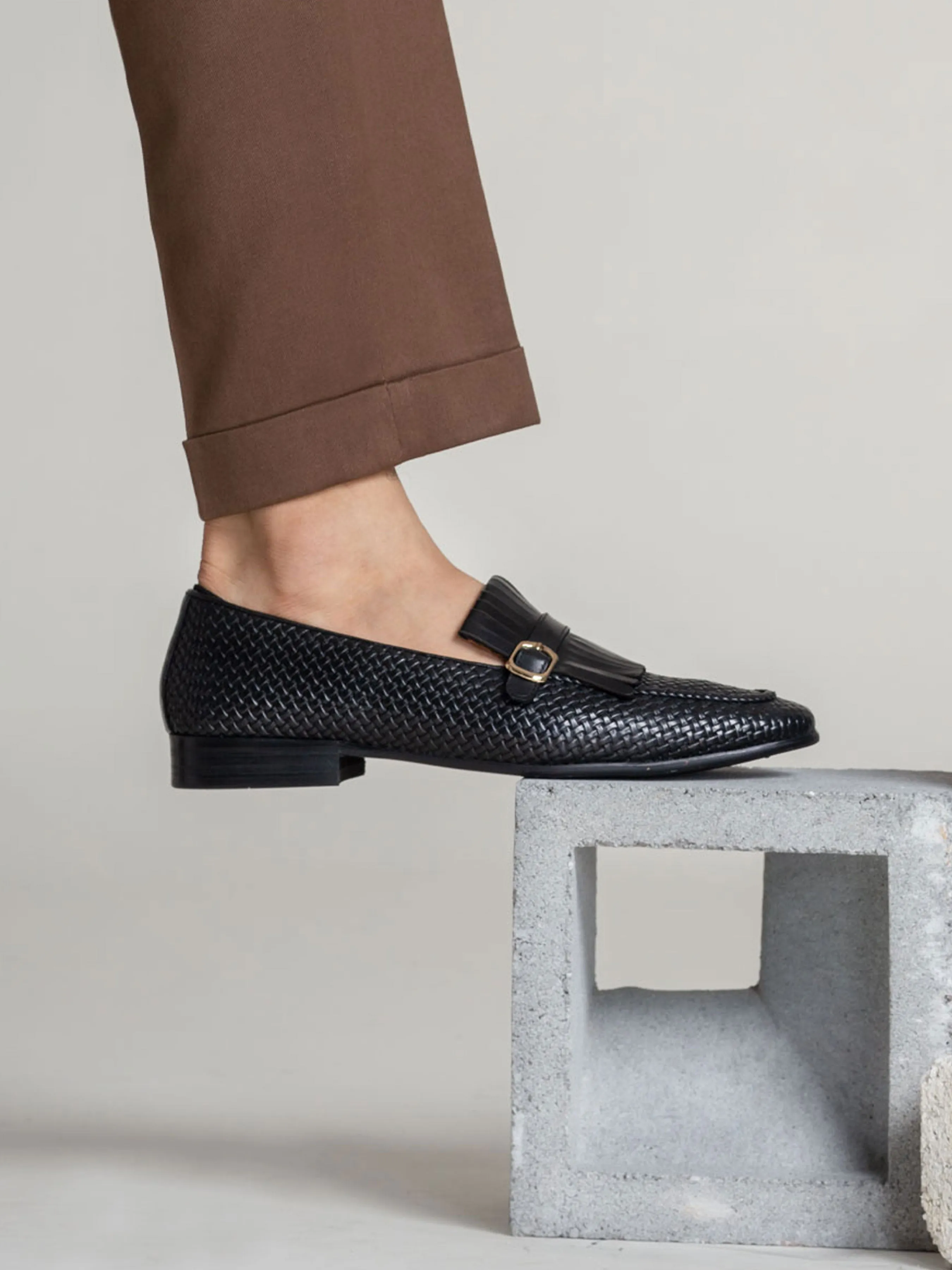 Fringe Kiltie Loafer - Black Woven Leather With Side Buckle (Hand Painted Patina) Style Meets Power