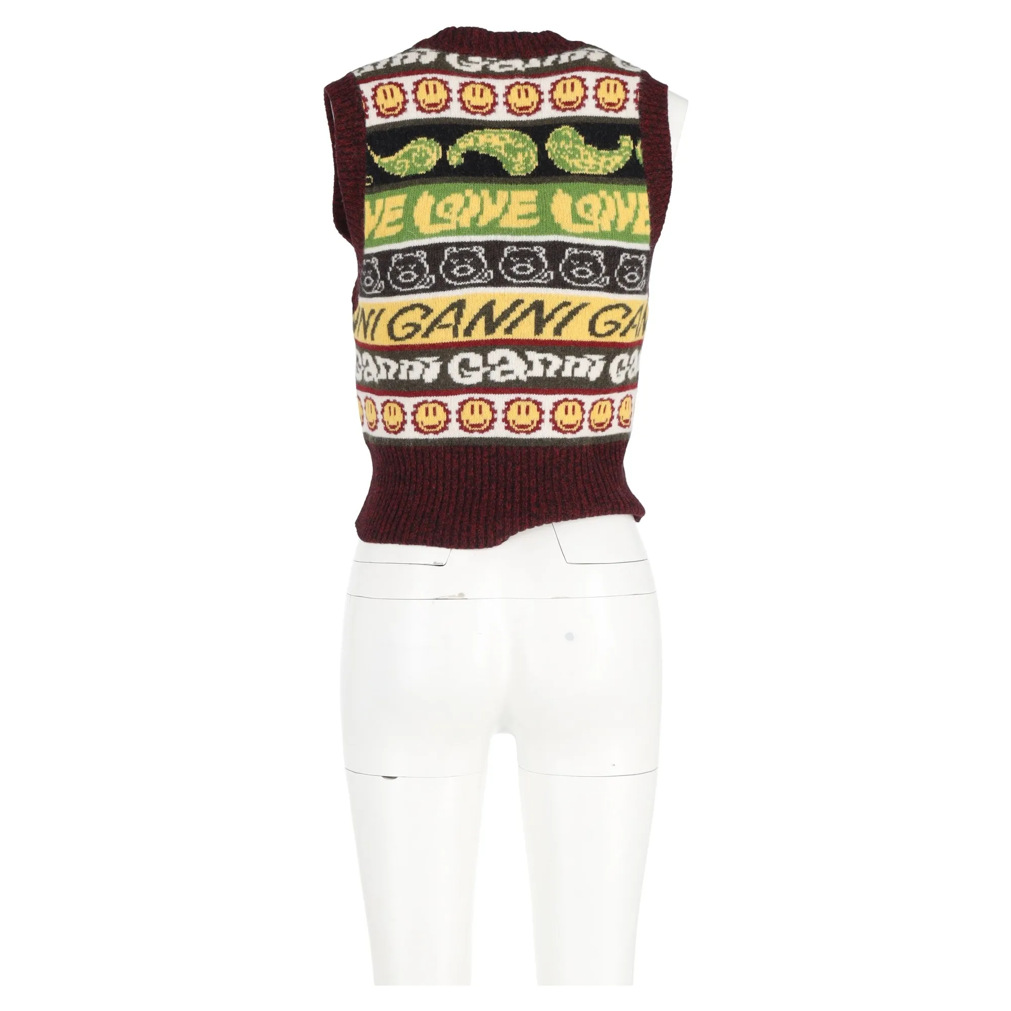 Ganni Gilet Pull à Motifs Smiley Multicolore en Laine Recyclée