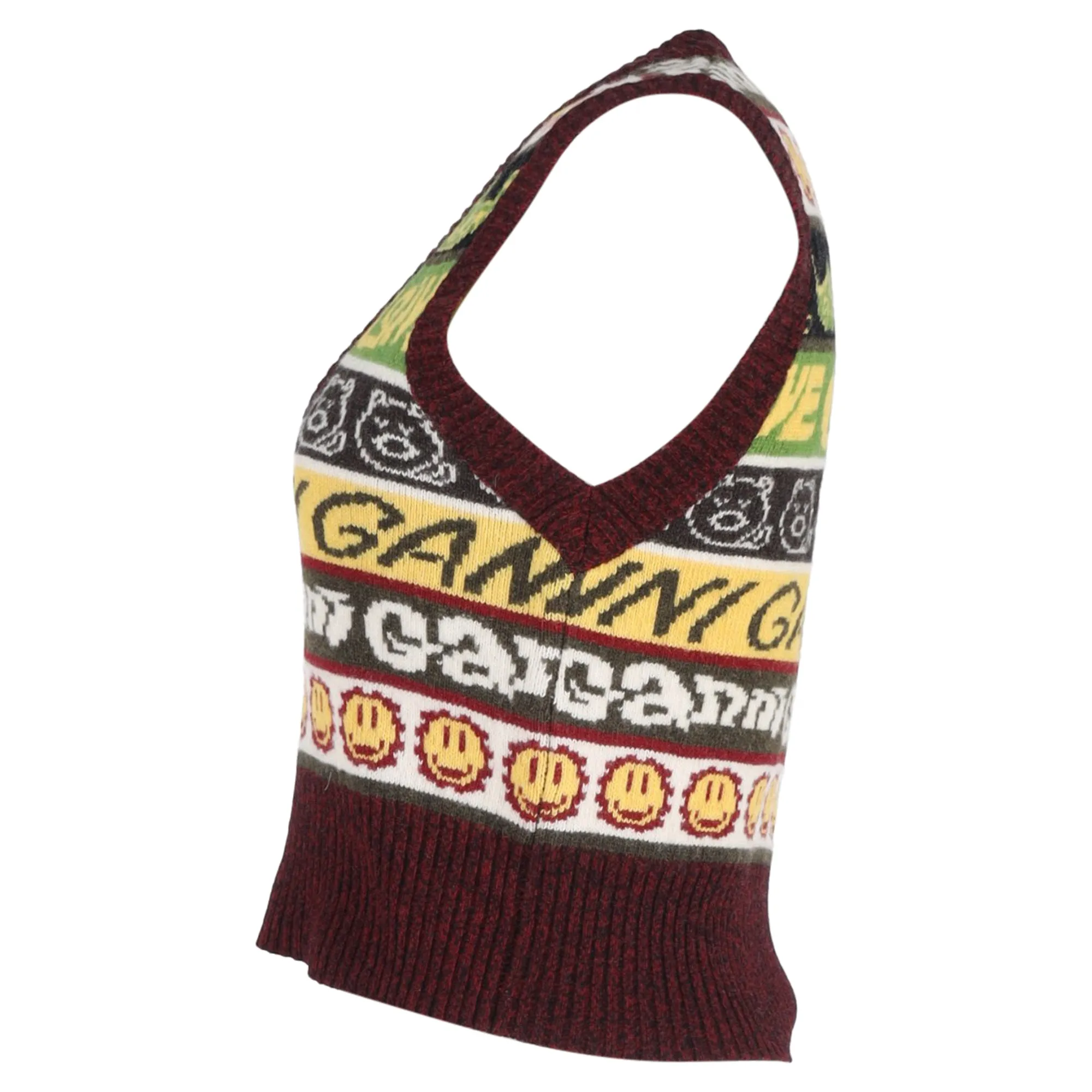 Ganni Gilet Pull à Motifs Smiley Multicolore en Laine Recyclée