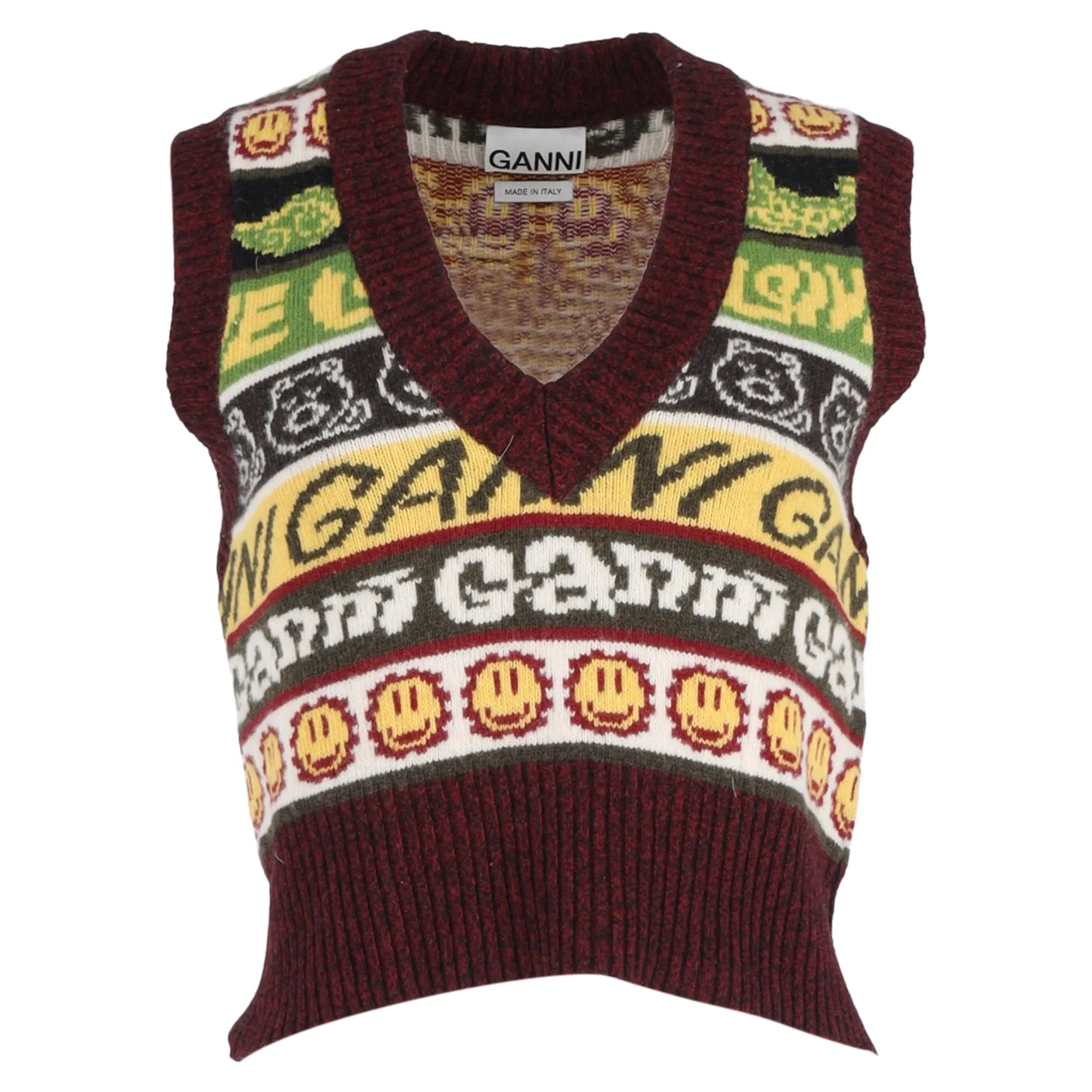 Ganni Gilet Pull à Motifs Smiley Multicolore en Laine Recyclée