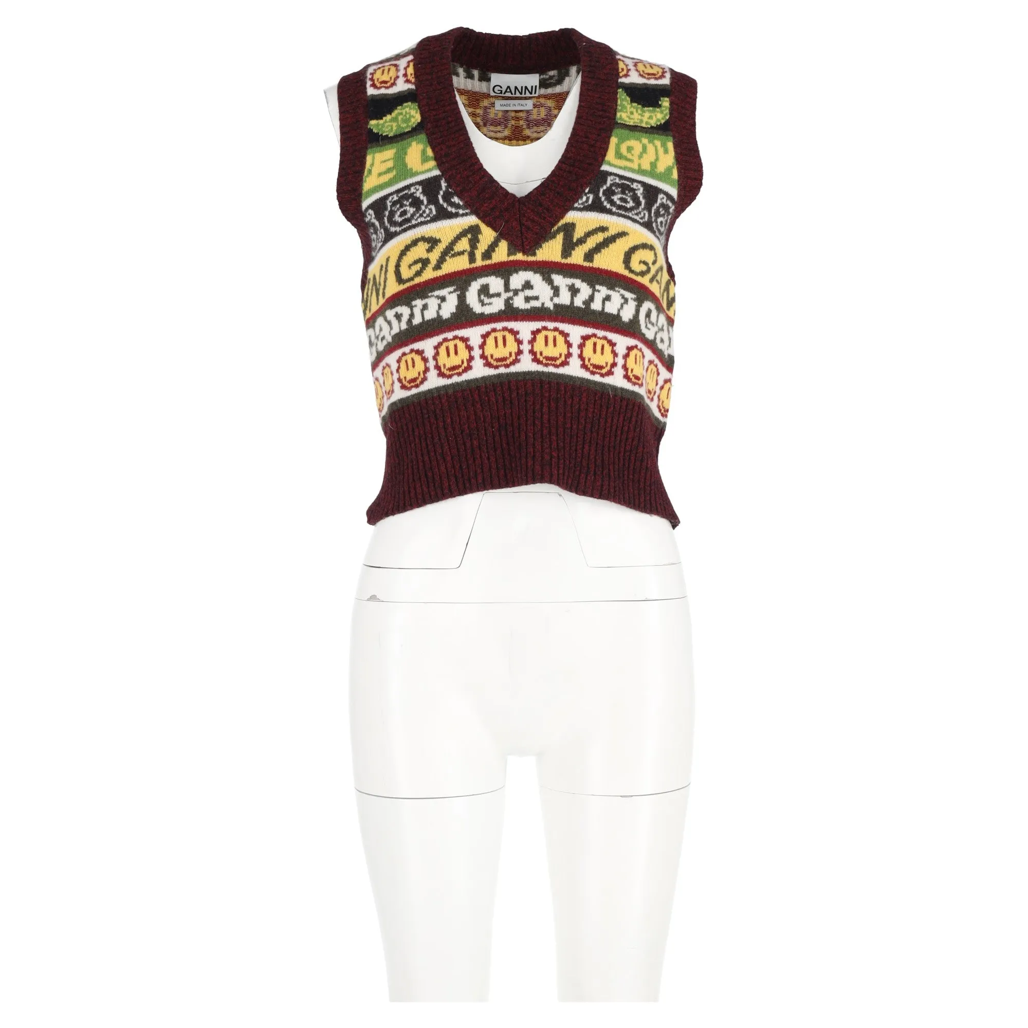 Ganni Gilet Pull à Motifs Smiley Multicolore en Laine Recyclée