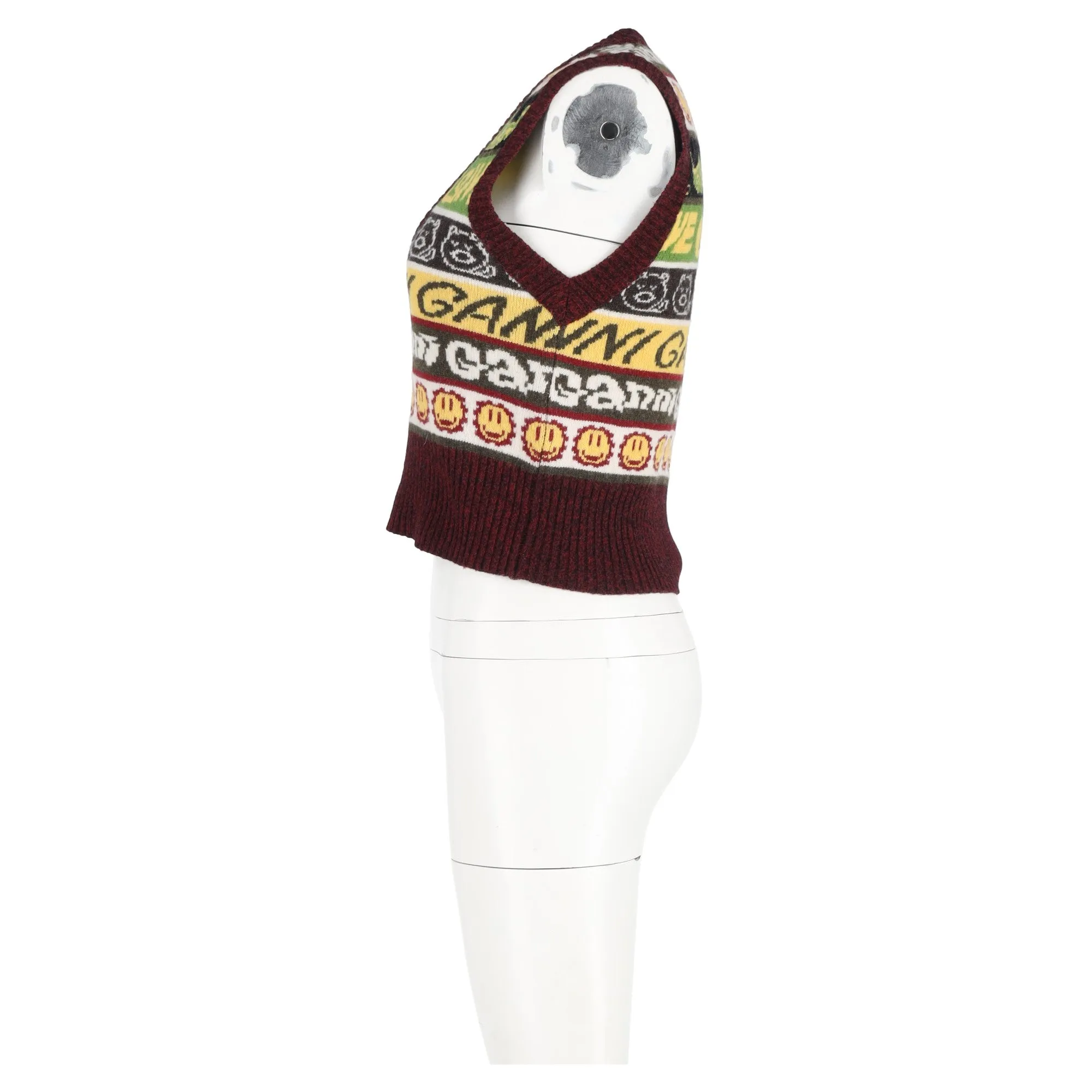 Ganni Gilet Pull à Motifs Smiley Multicolore en Laine Recyclée