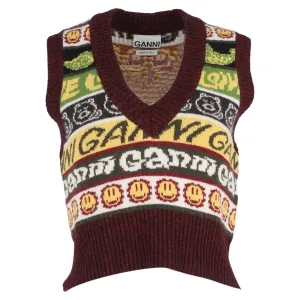 Ganni Gilet Pull à Motifs Smiley Multicolore en Laine Recyclée