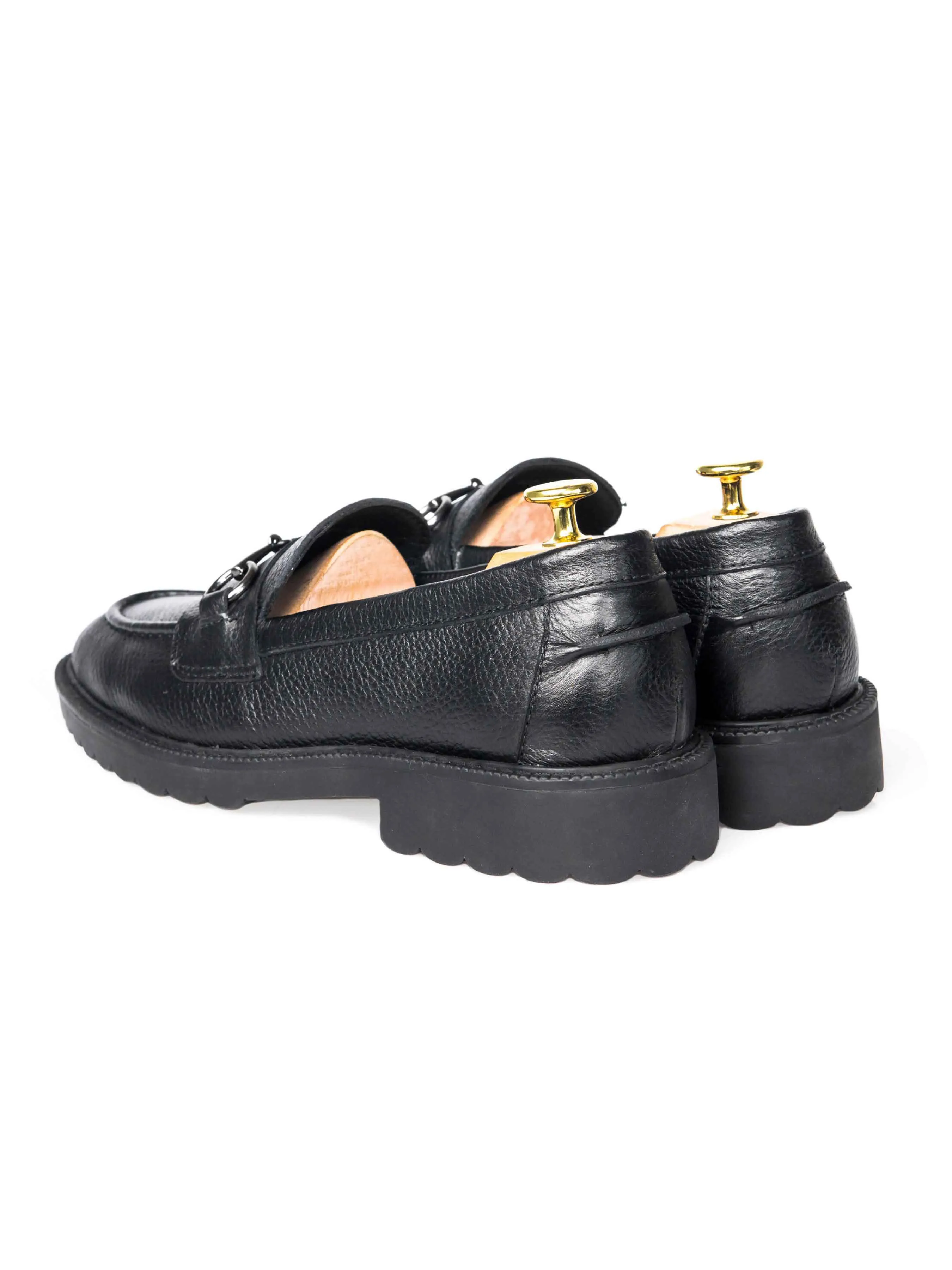 Low Strap Soft Inner Technology Penny Loafer Horsebit Buckle - Black Pebble Grain Leather (Combat Sole)