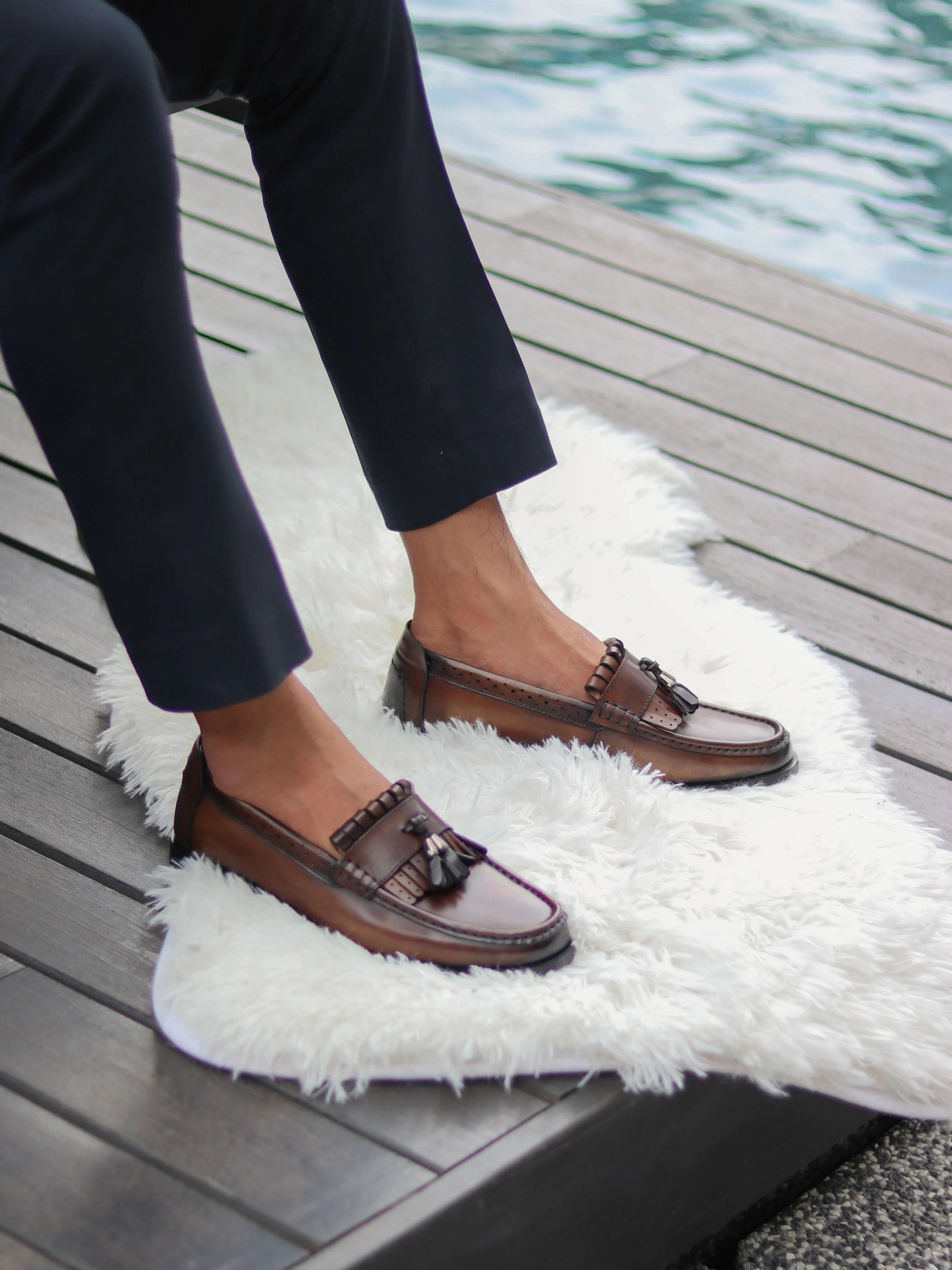 Never Just Walk Deal Of The Century Fringe Classic Loafer - Khakis With Tassel (Hand Painted Patina)